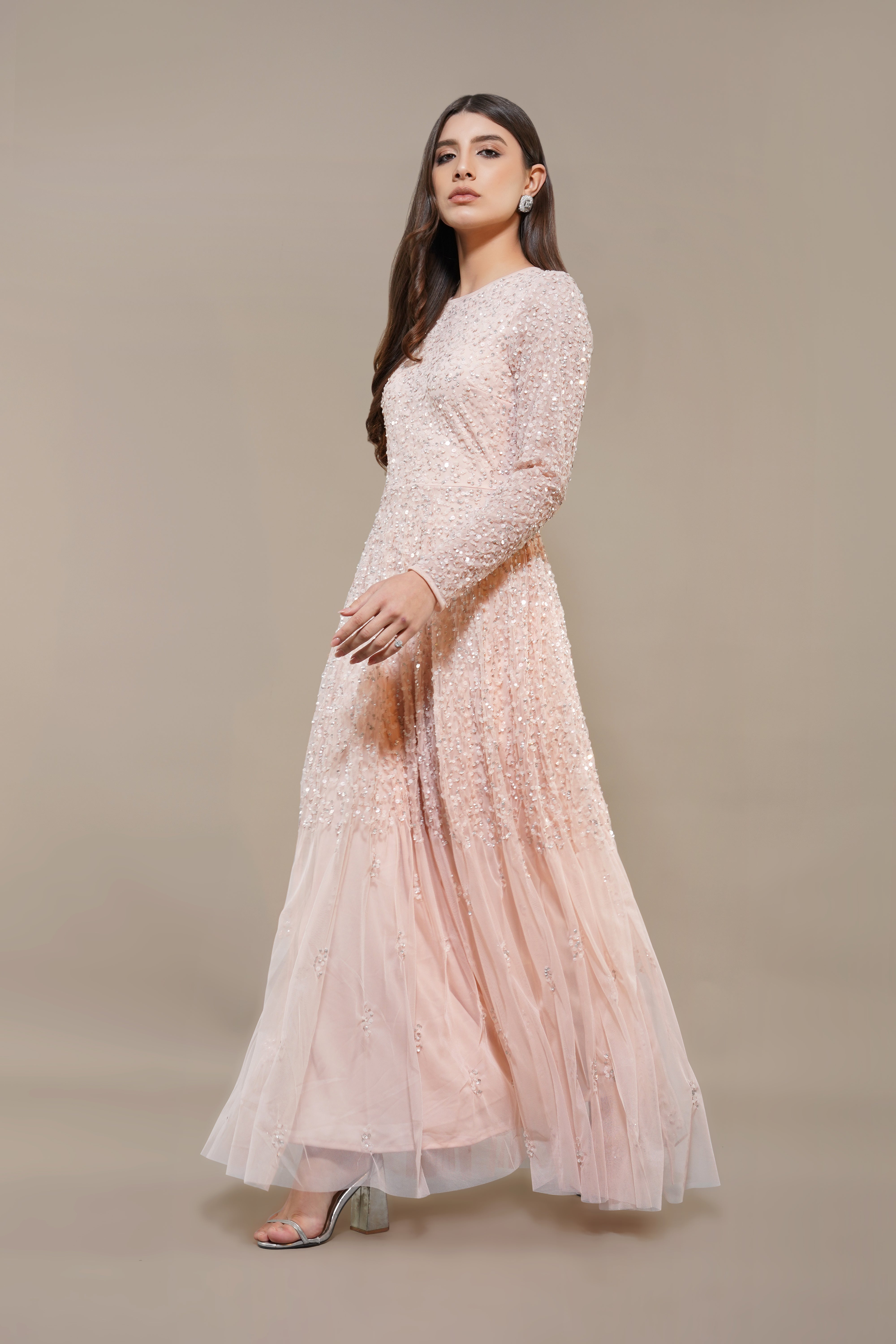 Sila Blush Pink Long Sleeve Embellished Maxi Dress for Women - Elegant Evening Gown for Weddings, Parties & Special Occasions
