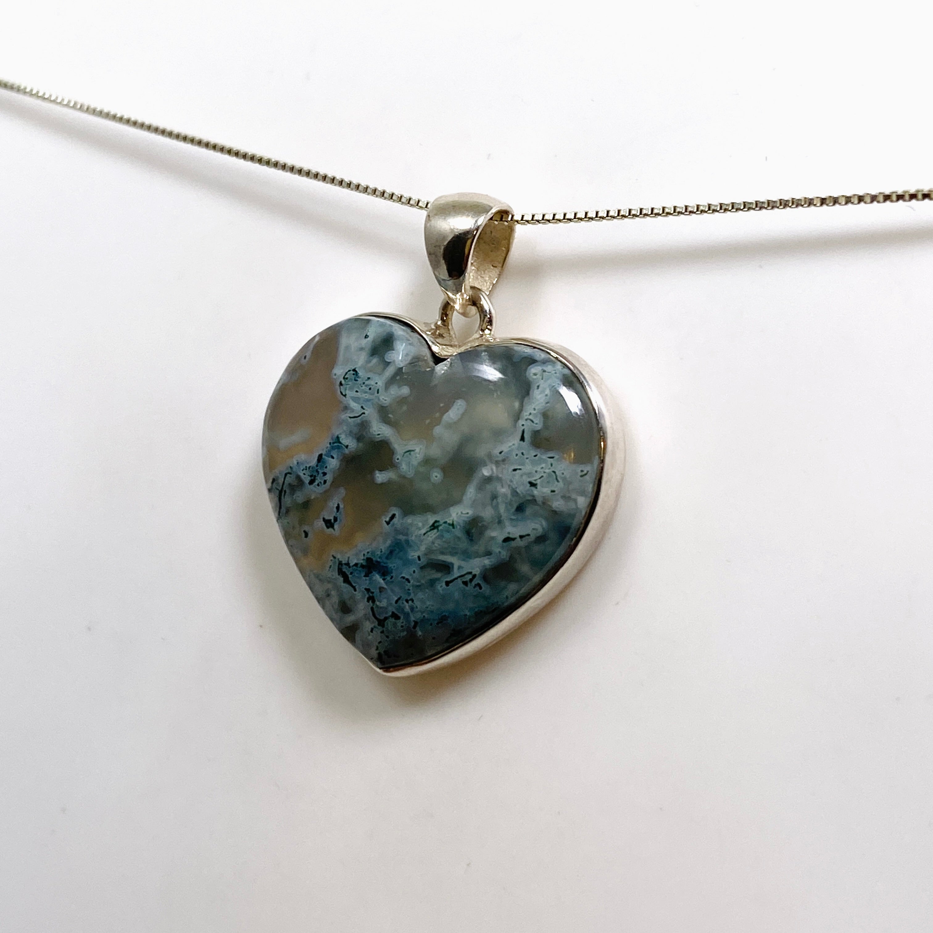 Natural Moss Agate Heart Cabochon Pendant - 925 Sterling Silver Jewelry for Women - Perfect for Valentine's Day Gifts, Spiritual Healing & Boho Fashion Accessories