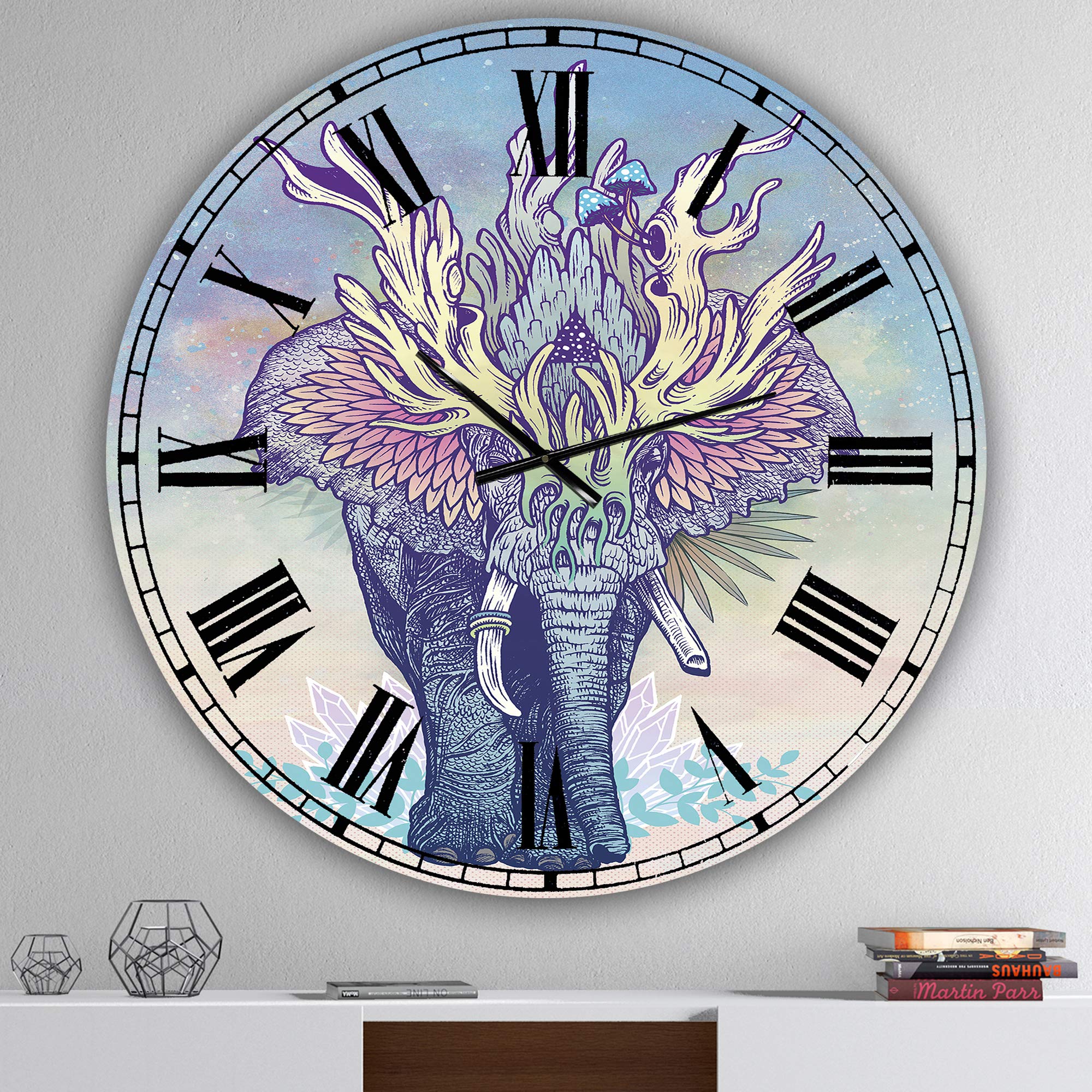 DesignQ Modern Wall Clock 'Spirit Elephant' - 12 Inch Round Blue Wall Clock for Home & Office Decor - Perfect for Living Room, Bedroom, Kitchen & Office Spaces