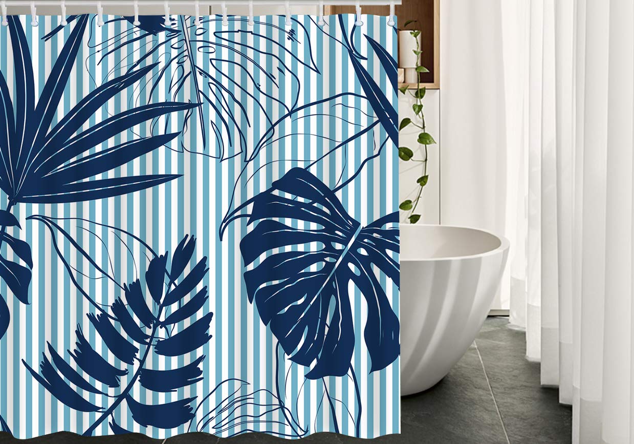 Premium Palm Leaf Shower Curtain Set - Navy Blue Tropical Leaves on White Stripes, 72x90 Inch Waterproof Polyester Fabric with Hooks - Bathroom Decor for Beach House, Coastal & Boho Style Homes