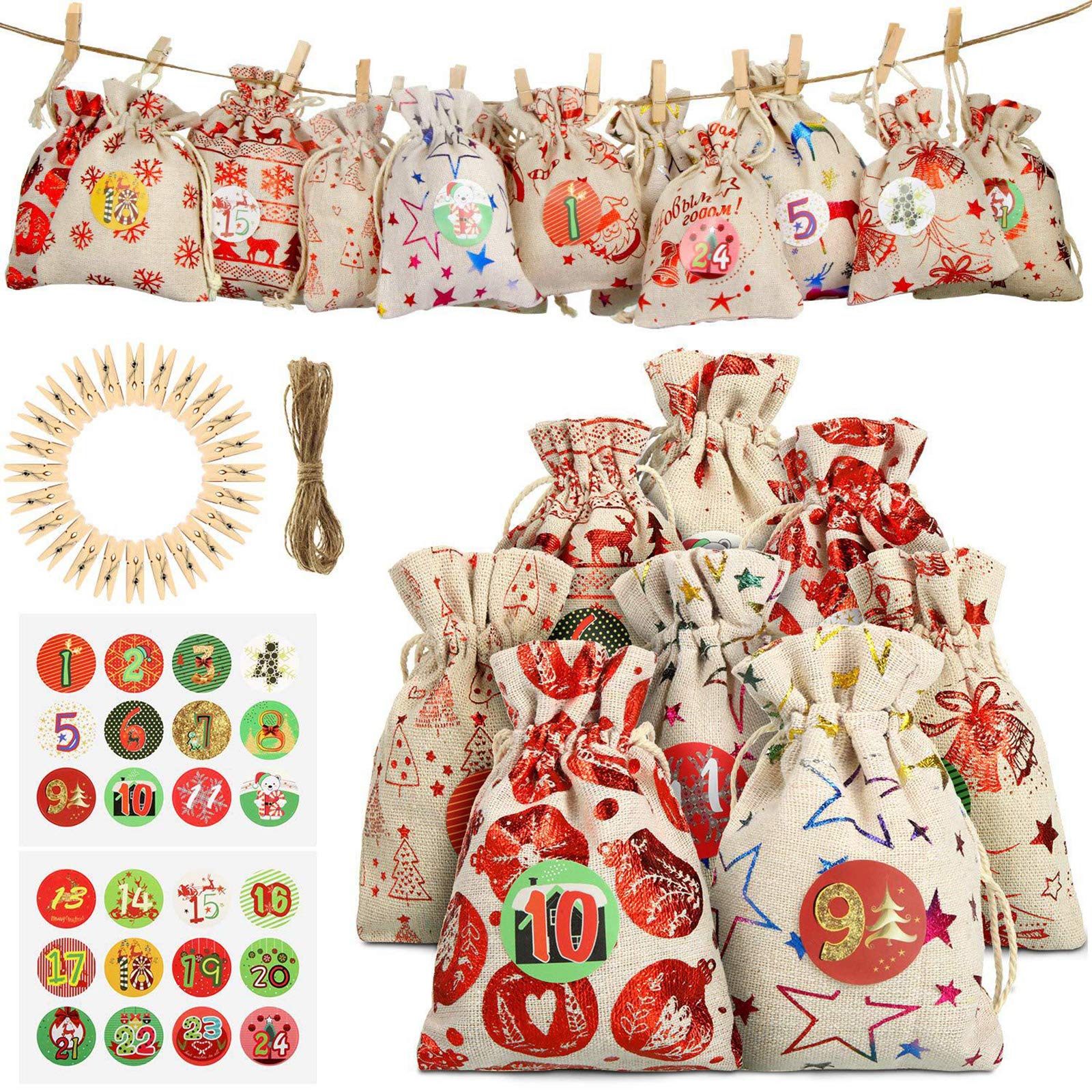 Weimay 24 Days Christmas Countdown Advent Calendar Set - Burlap Hanging Gift Bags with 24 Small DIY Pouches for Candy, Treats & Xmas Gifts | Perfect for Holiday Decorations, Party Favors & Festive Countdowns