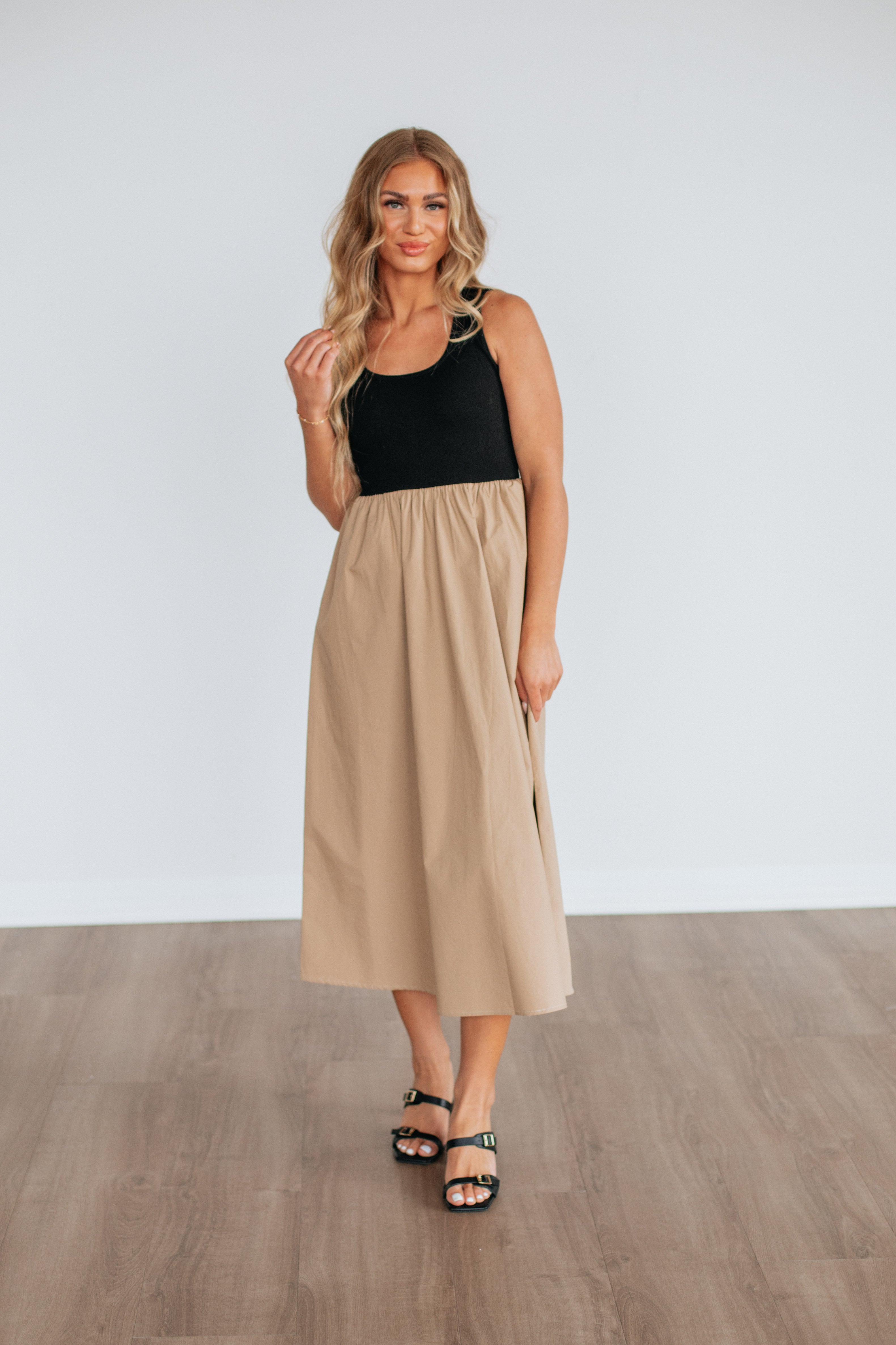 Enrica Contrast Dress in Camel Mix - Elegant Women's Fashion for Parties, Dates & Special Occasions