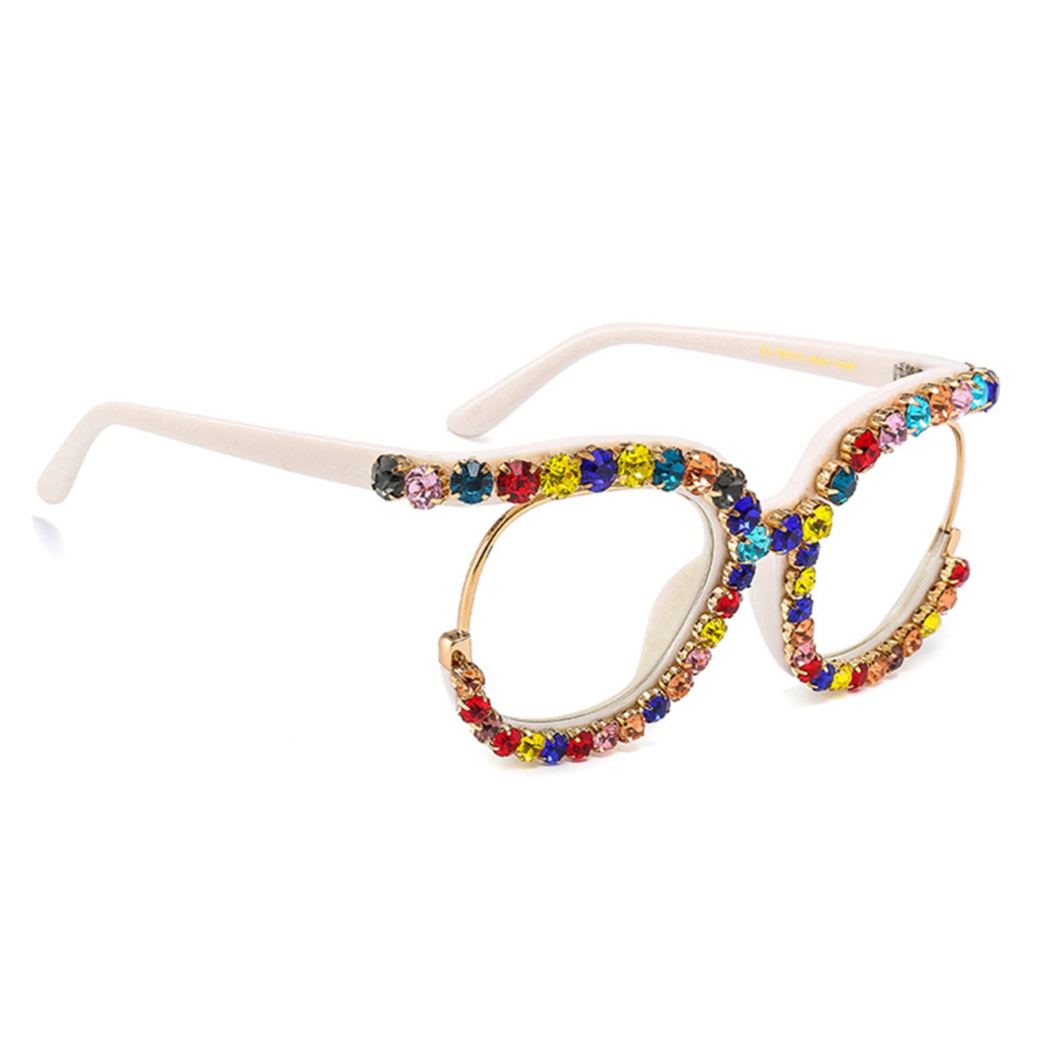 Vintage Fashion Women's Half-Rim Round Reading Glasses with Crystal Trim & Jeweled Frame - Costume Eyewear for Reading, Cosplay, and Retro Style Outfits