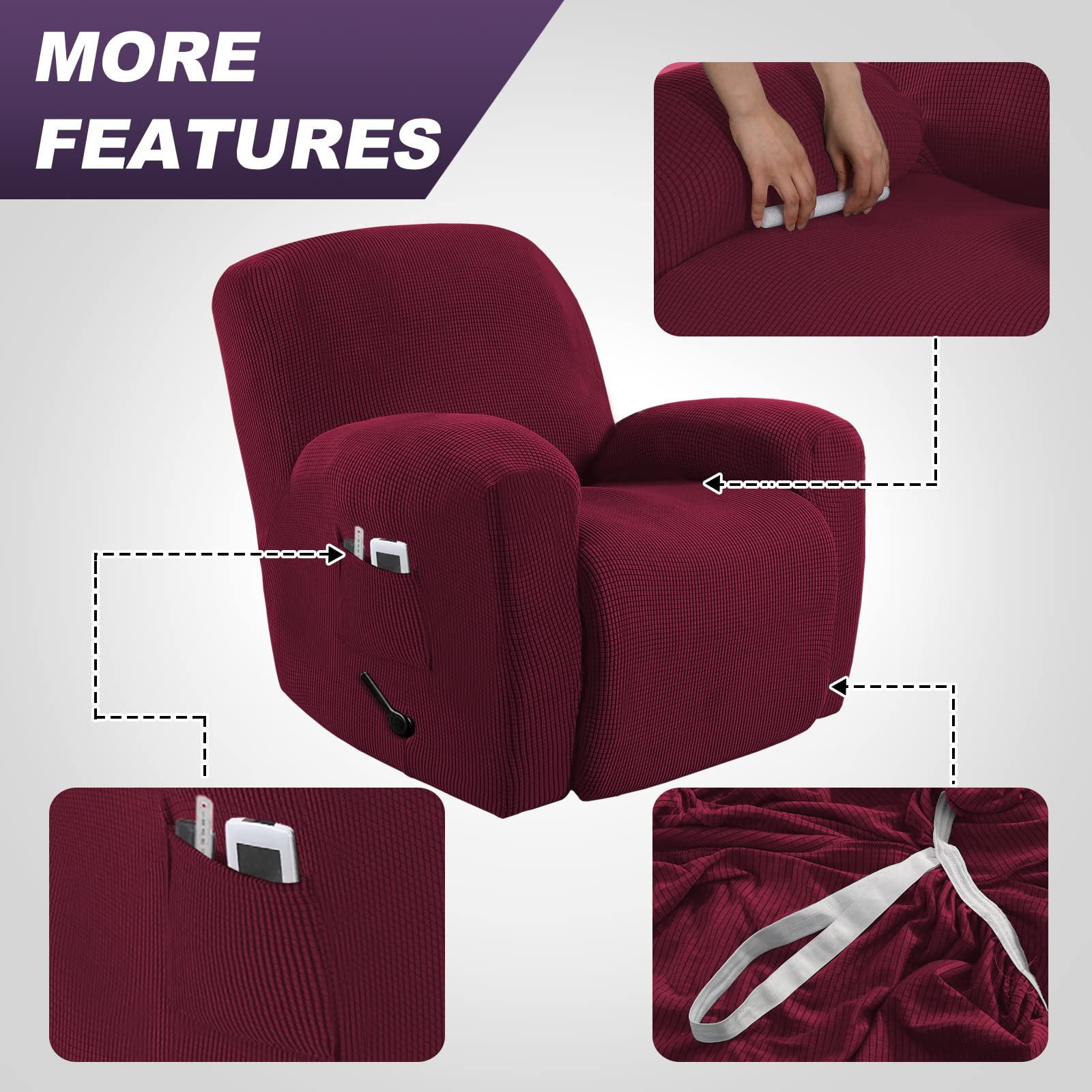 Stretch Recliner Chair Cover 1-Piece Sofa Slipcover with Elastic Bottom - Washable Furniture Protector, Non-Slip Couch Cover for Dogs & Pets - Fits Recliners (Wine Red) - Perfect for Living Room, Home Theater & Pet-Friendly Spaces