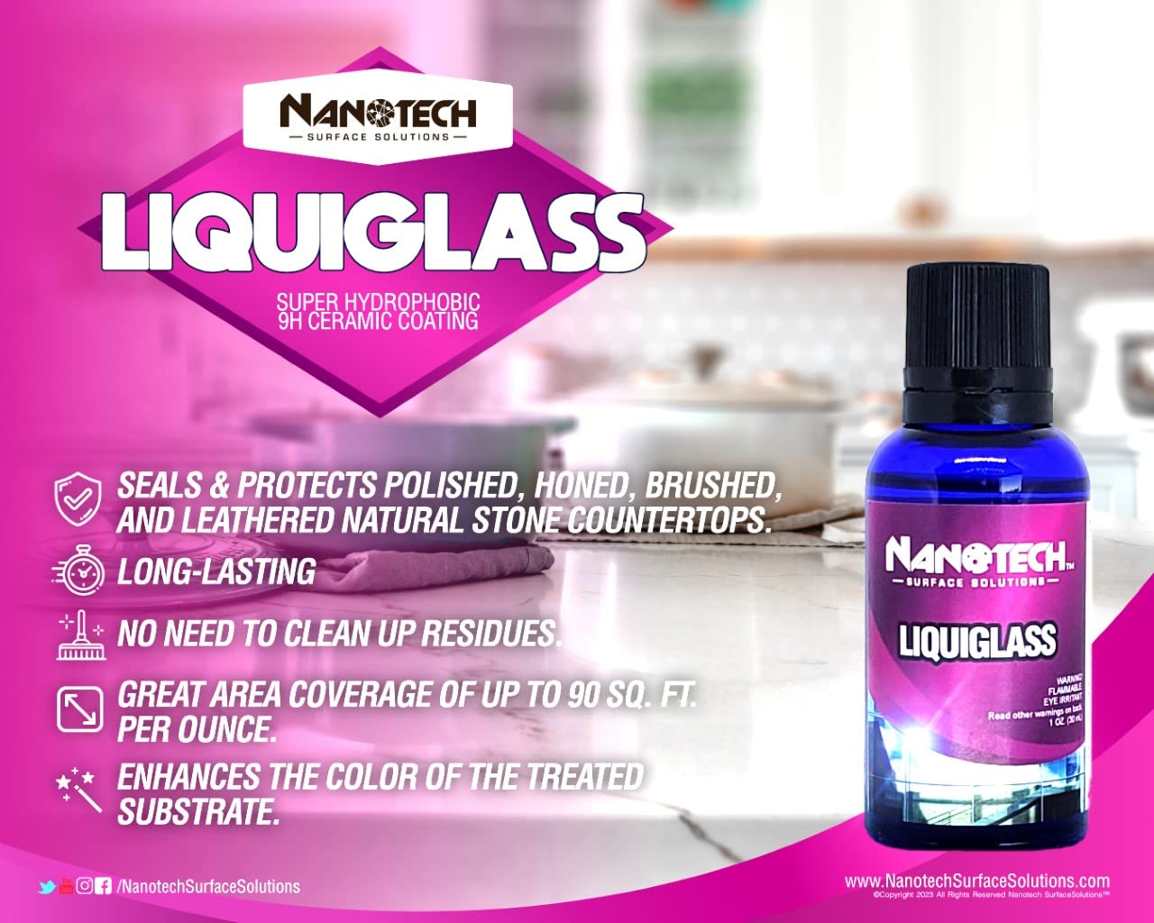 Nanotech SS Liquiglass Ceramic Coating - Advanced Stainproof Sealer for Polished, Honed & Leathered Natural Stone, Porcelain Countertops & Backsplashes - 1 Oz - Perfect for Kitchen, Bathroom & Outdoor Stone Surfaces Protection