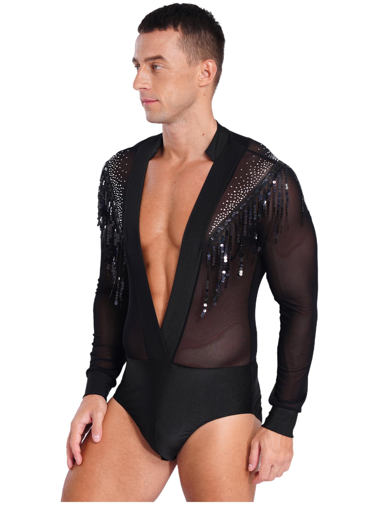 FEESHOW Men's Latin Dance Shirt - Sheer Mesh Patchwork Fringe Bodysuit for Salsa, Bachata, Tango - Modern Clubwear Performance Top for Dance Competitions & Nightlife