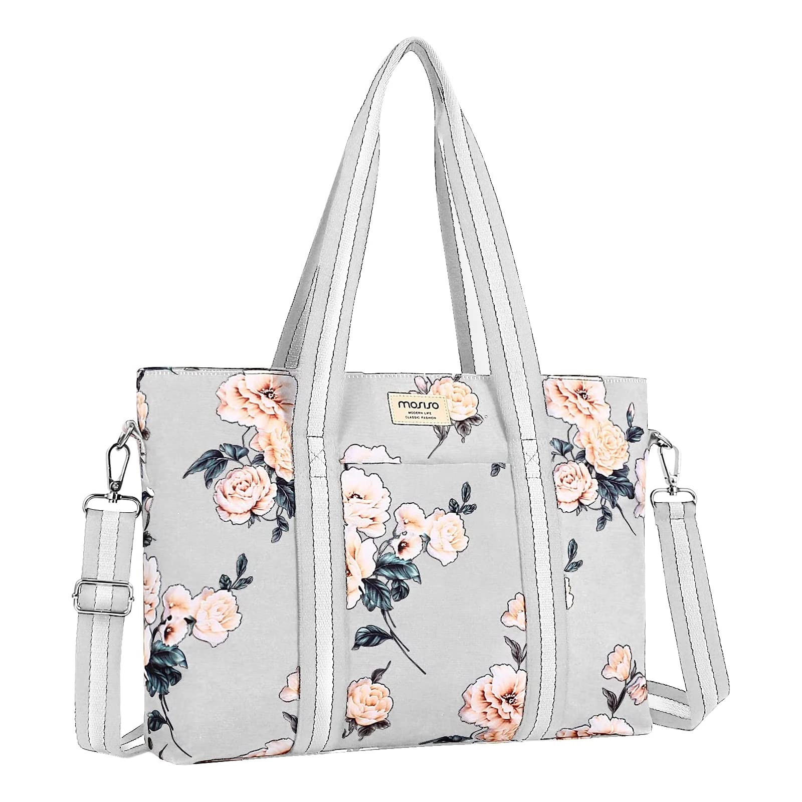 MOSISO 17-17.3 Inch Laptop Tote Bag for Women - Stylish Canvas Camellia Multifunctional Work Travel Shopping Shoulder Bag (Grey) - Perfect for Office, Commuting & Business Trips