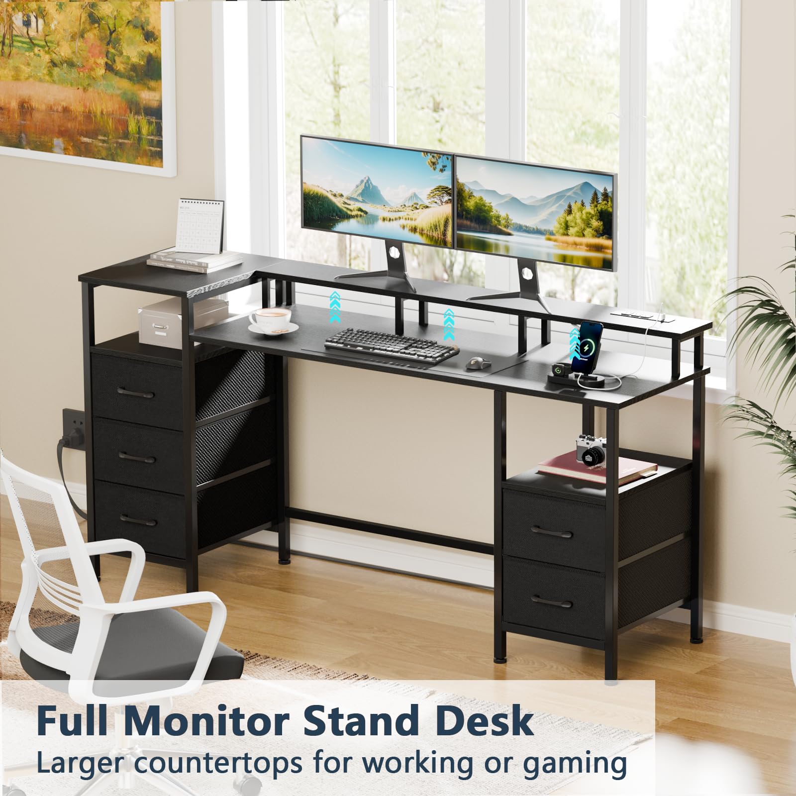 55 Inch Gaming Desk with Power Outlets & LED Lights - Adjustable Home Office Computer Desk with Fabric Storage Drawers, Perfect for Work, Study, and Gaming - Black