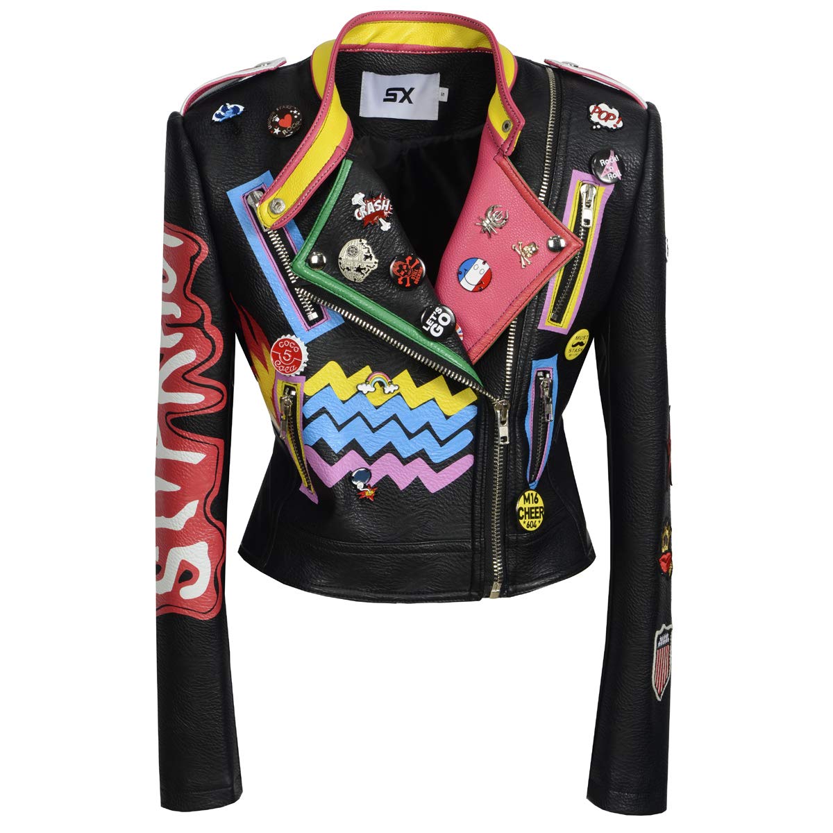 ZJX Women's Printed Black Rivet Badge Slim Fitted Short Leather Jacket (Size L, Black) | Stylish Biker Jacket for Casual Outings, Night Out & Motorcycle Rides