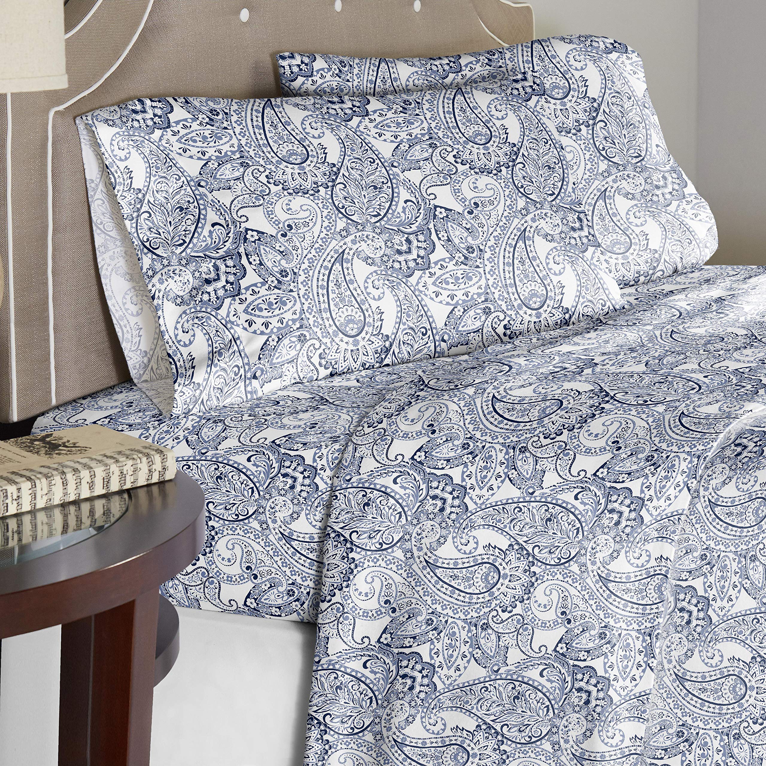 Pointehaven 100% Cotton Percale Printed Bed Sheet Set with Pillowcases - Soft Breathable Twin XL Deep Pocket Sheets (18 Inch) for Comfortable Sleep - Perfect for Guest Rooms, Dorms & Cozy Bedrooms (Blue)