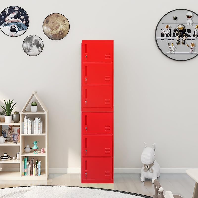 3-Door Metal Vertical Storage Locker for Kids Bedroom - Stackable Steel Cabinet for Toys, Sports Equipment & School Supplies with Anti-Tip Safety Device (Red) - Perfect for Home, Office & Classroom Organization