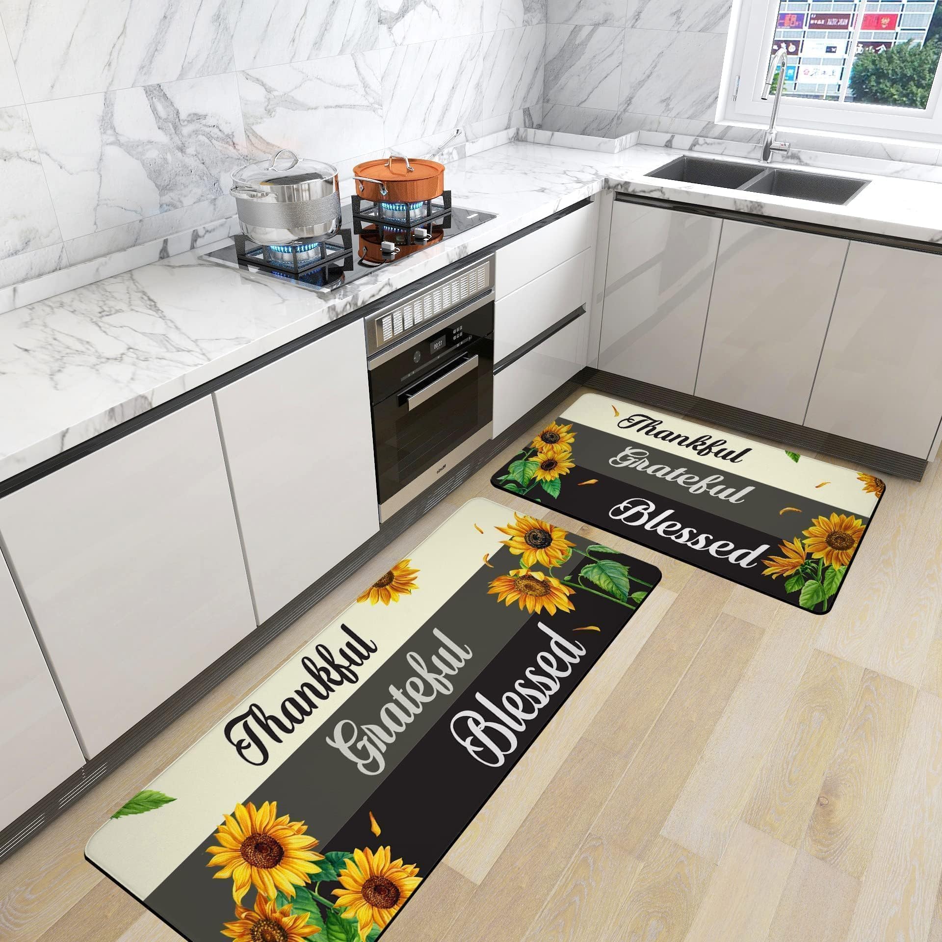 Sunflower Kitchen Rugs Set of 2 - Non-Slip Cushioned Anti-Fatigue Memory Foam Mats for Home & Office - Waterproof Farmhouse Decor (17.3x28 + 17.3x47 Inch) - Perfect for Sink, Stove & High-Traffic Areas