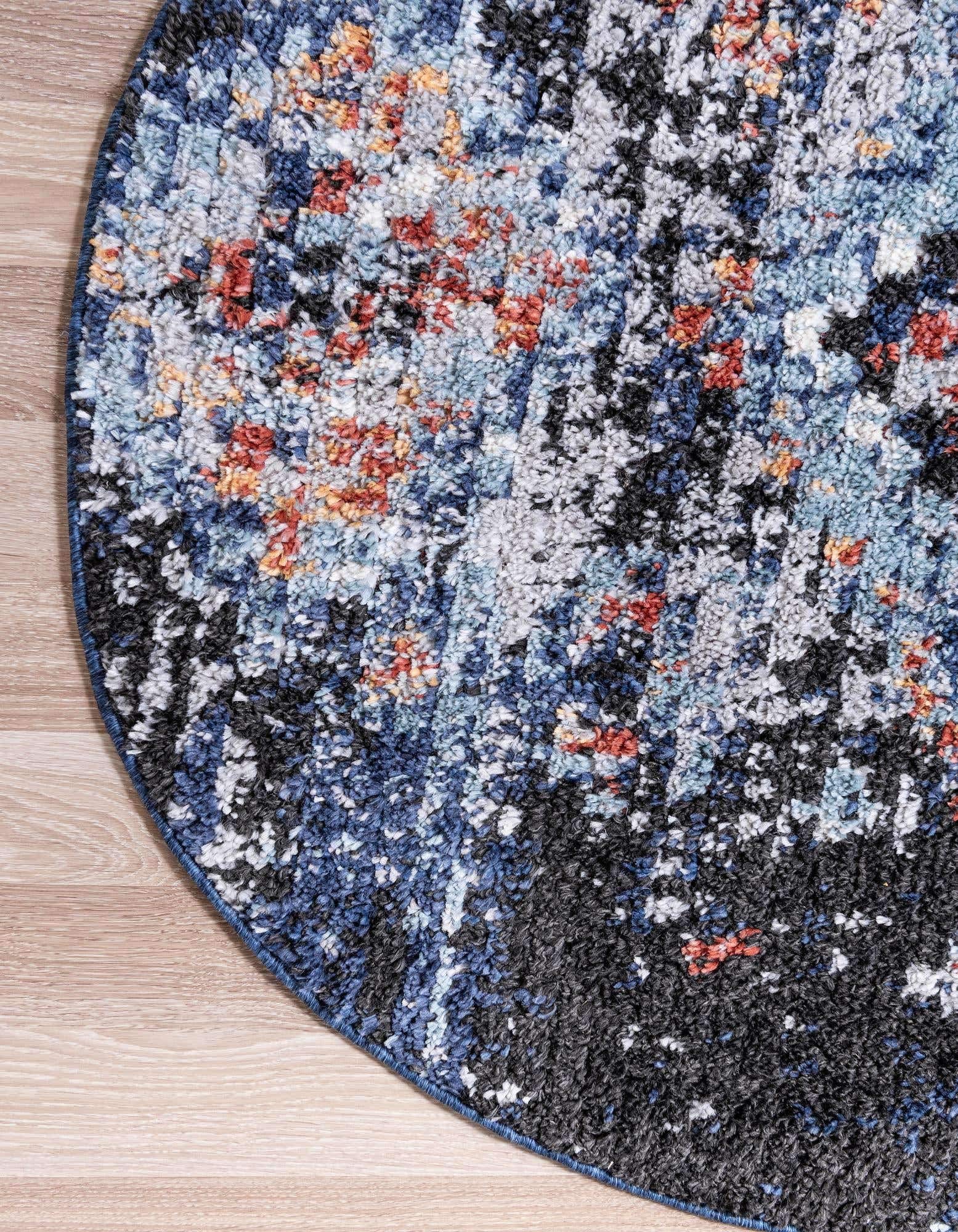 Unique Loom Morocco Collection Medallion Abstract Area Rug - 7' Round Navy Blue & Black Handmade Moroccan Rug for Living Room, Bedroom or Dining Room Decor