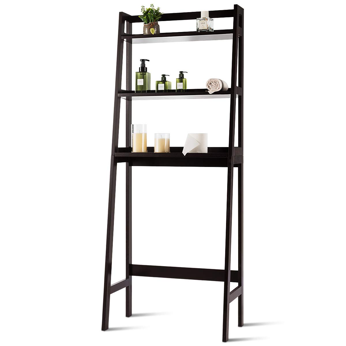 Tangkula Over The Toilet Storage Cabinet - 3-Tier Freestanding Bathroom Organizer with Adjustable Shelves, Space Saving Toilet Rack for Bath Towels, Toiletries & Decor (Brown) - Perfect for Small Bathrooms, Apartments & Powder Rooms
