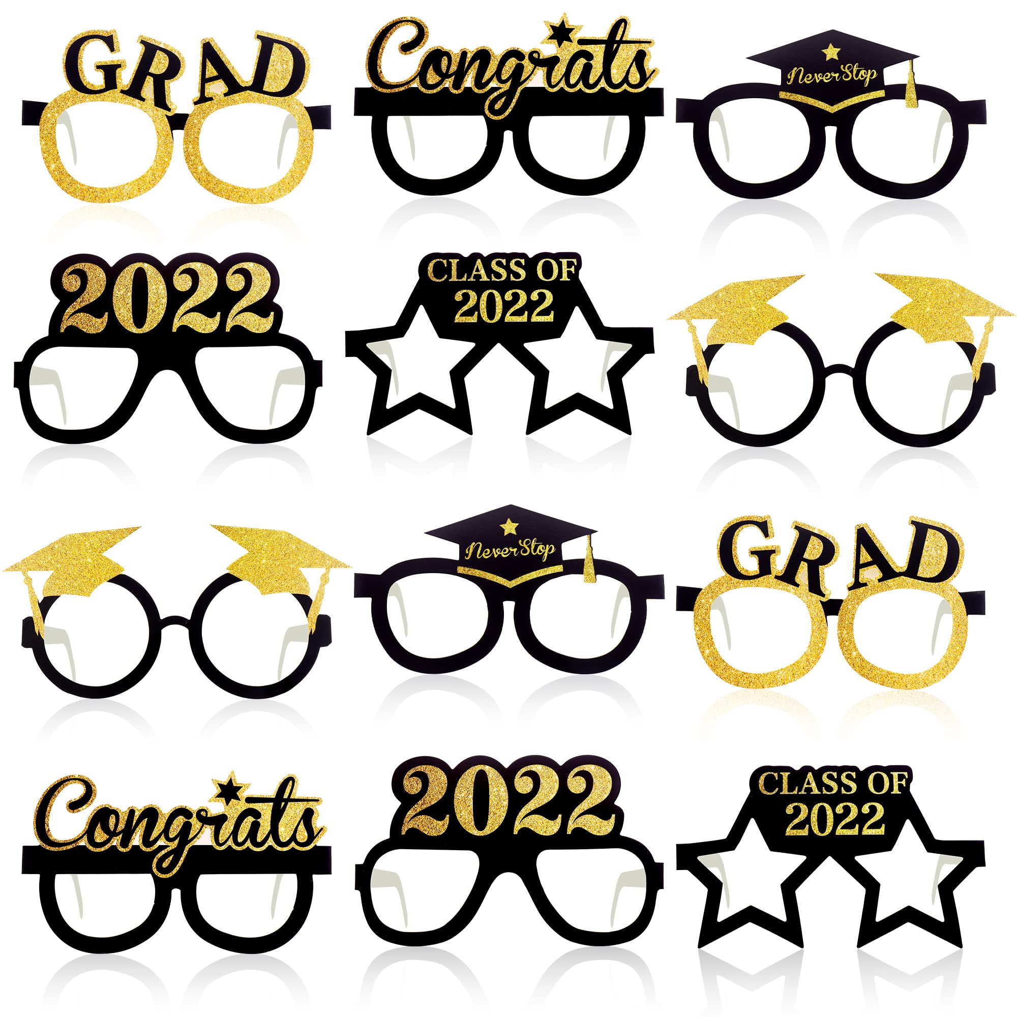 2024 Graduation Glasses - Black & Gold Photo Booth Props (Pack of 12) | Graduation Party Decorations, Graduation Favors for College & High School Celebrations | Perfect for Graduation Photos, Parties & Events