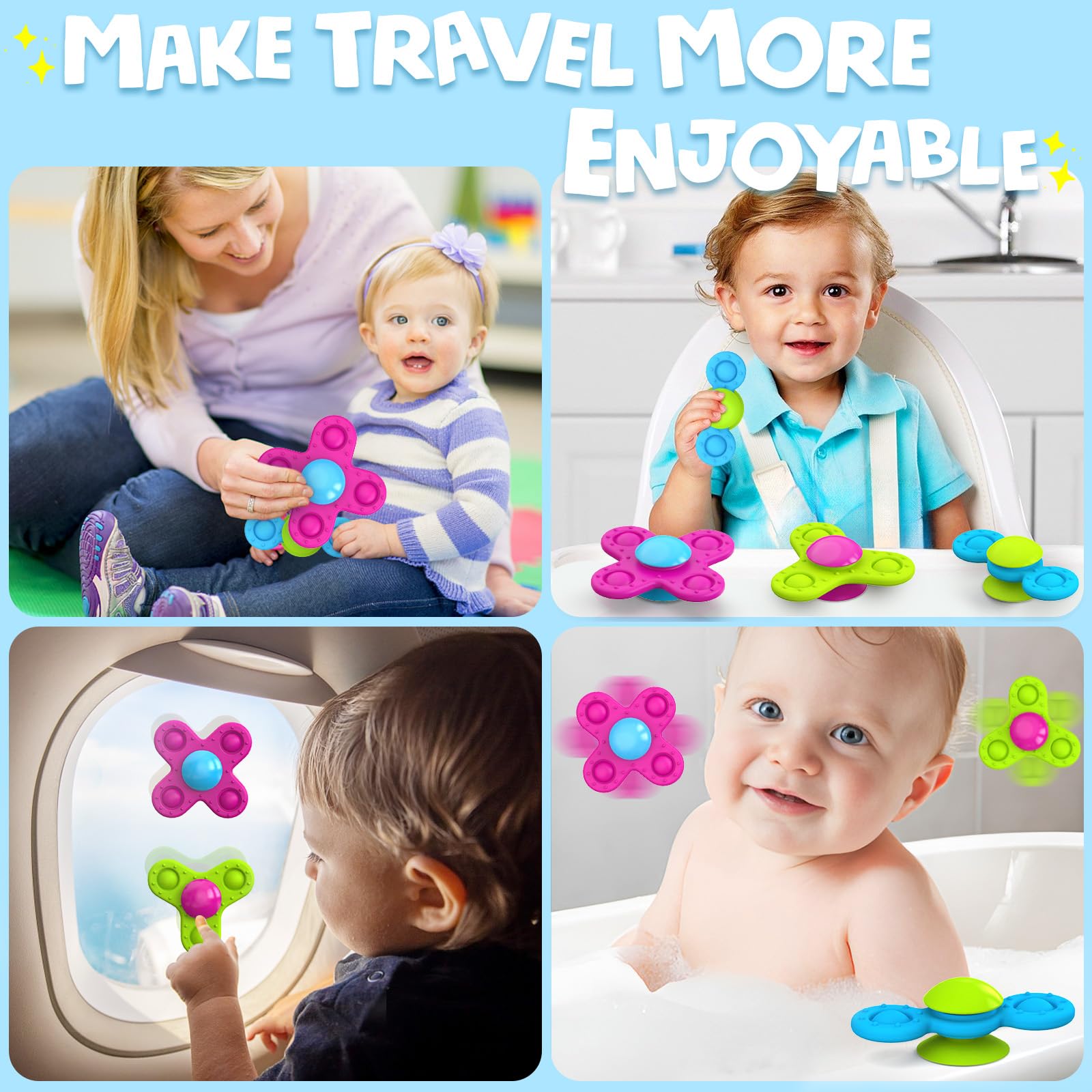 3-Pack Suction Cup Spinner Toys for Toddlers 1-3 Years - Sensory Bath & Travel Toys for Babies 10-18 Months - Perfect First Birthday Gift for 1 Year Old Boys & Girls - Great for Bathtime Fun, Car Rides & Early Learning Play