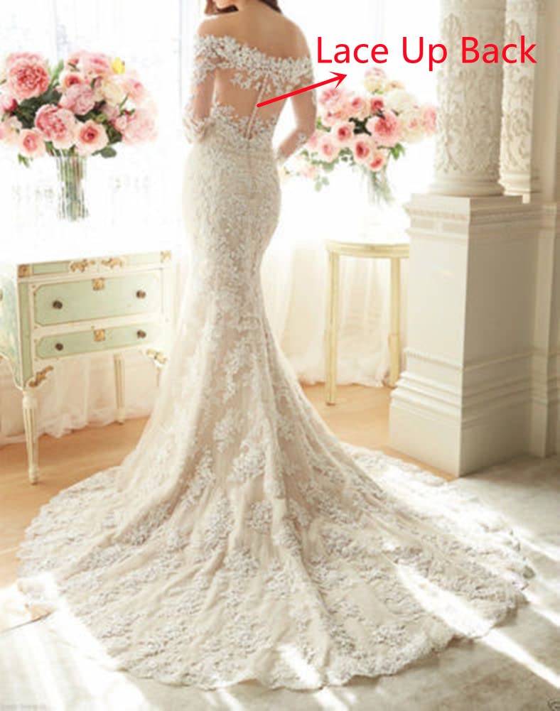 TSxuelian Women's Off Shoulder Long Sleeve Mermaid Wedding Dress - V-Neck Lace Bridal Gown with Train for Beach, Church & Formal Weddings