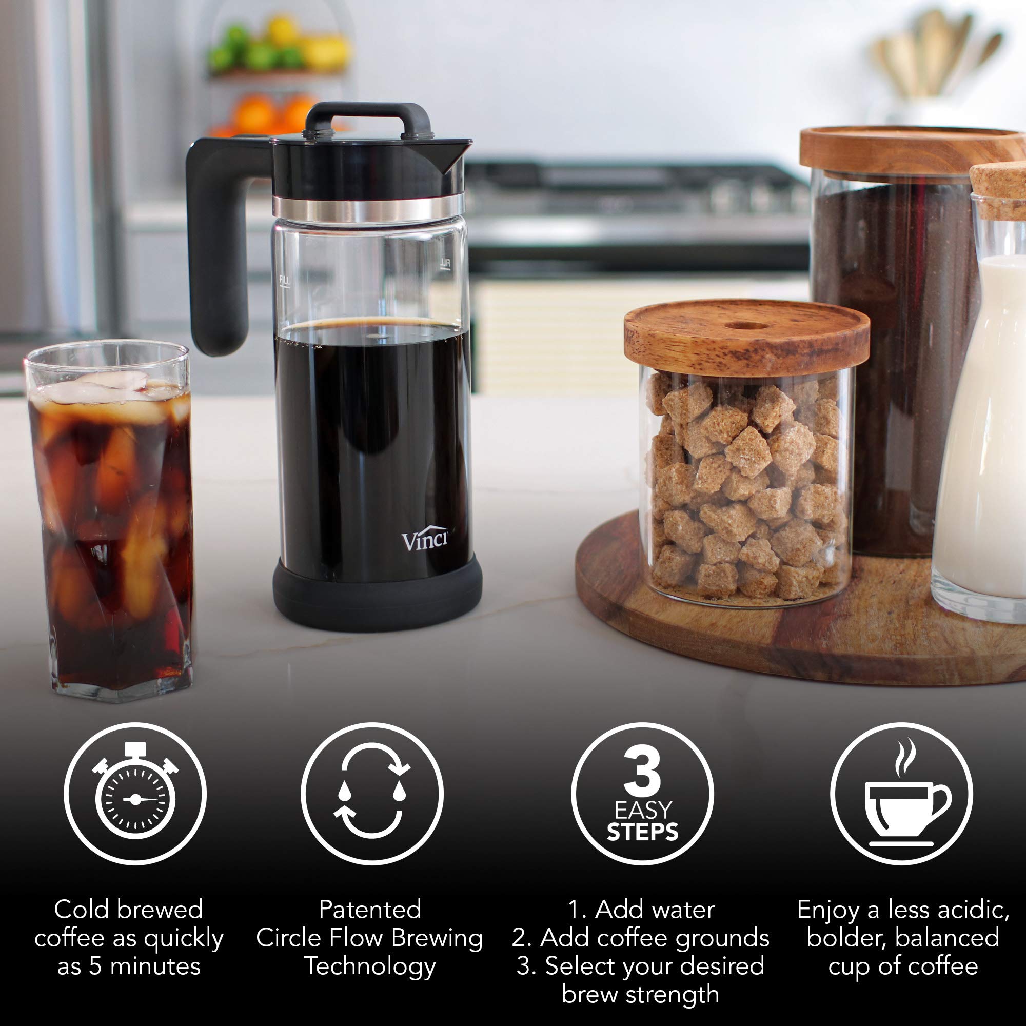 VINCI Express Cold Brew Coffee Maker - 5-Minute Electric Iced Coffee Brewer with 4 Strength Settings, Self-Cleaning Cycle & 1.1L Glass Carafe (37 oz) - Perfect for Home, Office & Coffee Shops