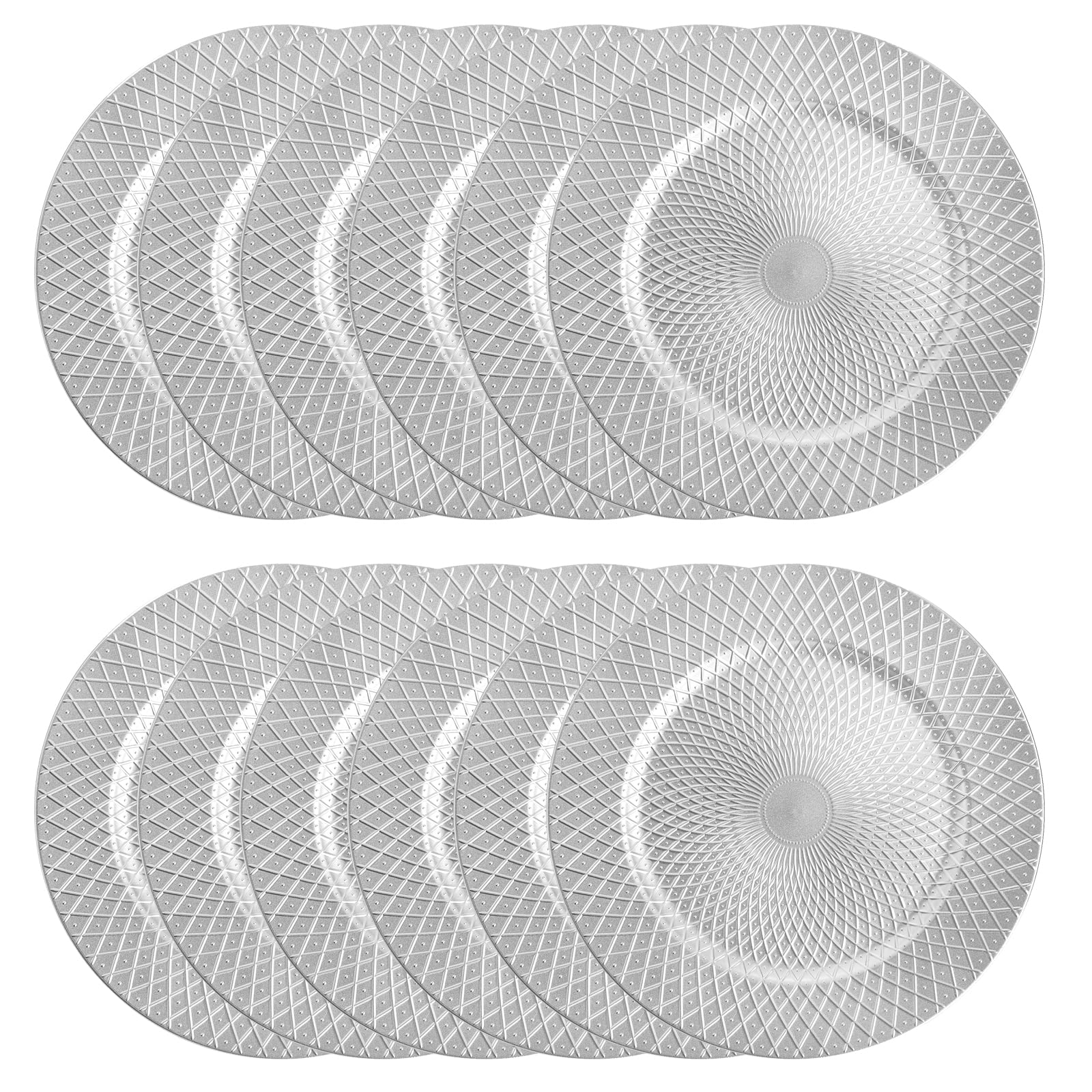 12 Pack Silver Charger Plates - 13 Inch Decorative Round Plastic Dinner Plates with Diamond Pattern, Reusable for Wedding, Party, Holiday & Events - Elegant Table Setting for Formal Dining & Special Occasions