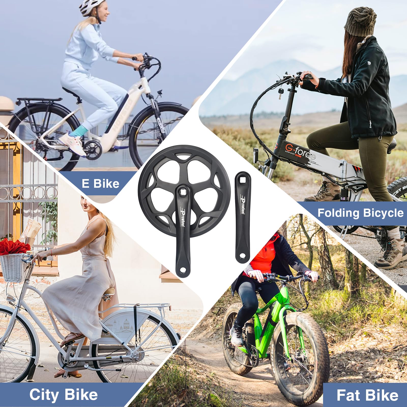 Prowheel 48T/52T Steel Chainring Bike Crankset - 1 Piece Single Speed & 6/7/8 Speed Compatible - 170mm Aluminum Alloy Arm with Double Chain Cover - for E-Bike, Bicycle & Folding Bike - Perfect for Commuting, Urban Riding & Electric Bike Upgrades