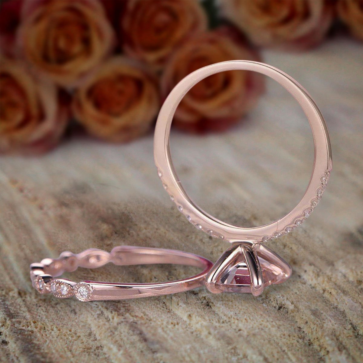 1.50 Carat Emerald Cut Morganite & Diamond Moissanite Engagement Ring Set - 18k Gold Plated Bridal Jewelry for Wedding, Proposal & Anniversary Gifts
