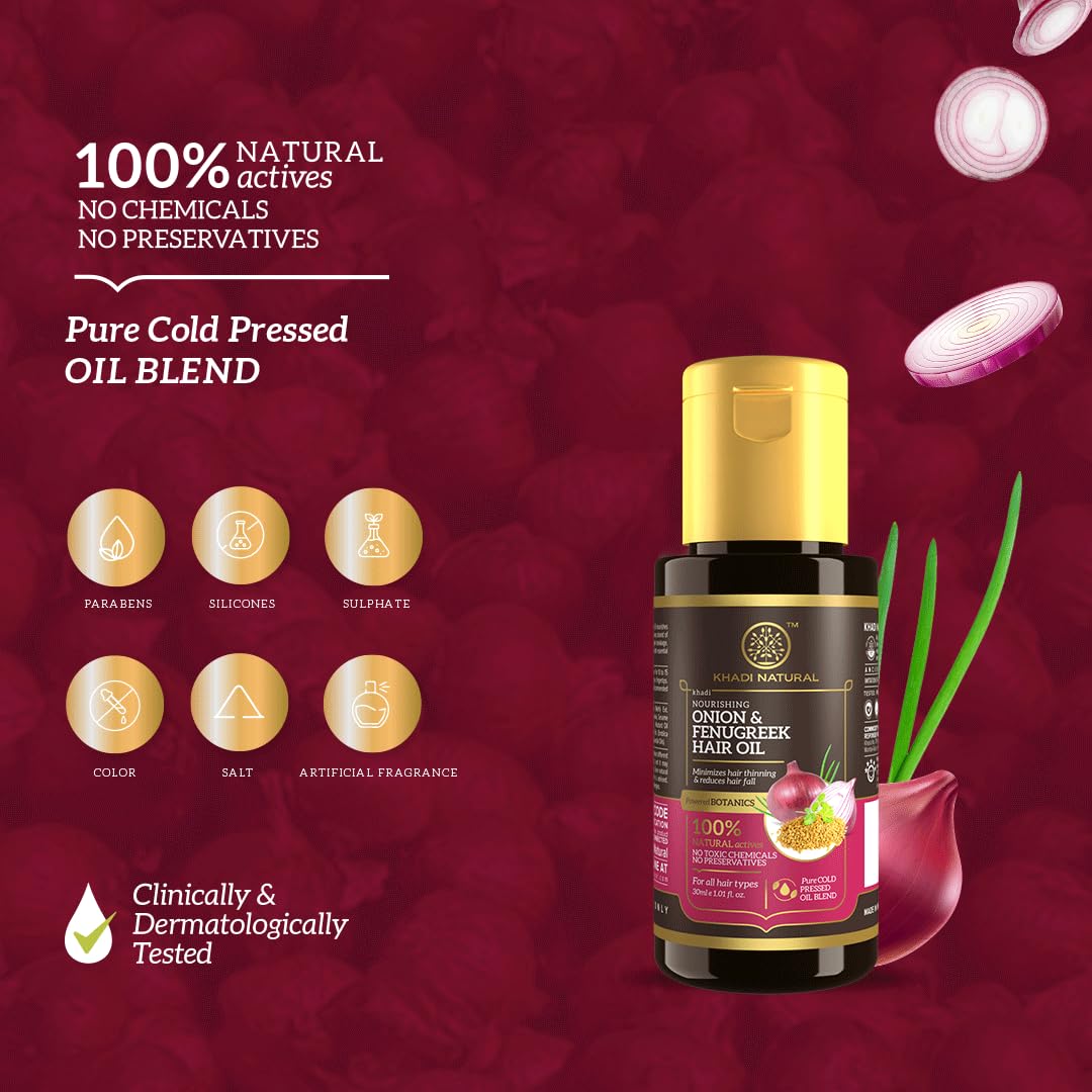 Khadi Natural Onion & Fenugreek Hair Oil for Hair Growth - 30ml | Strengthens Hair Follicles, Reduces Frizz | Paraben-Free Ayurvedic Treatment for Thicker, Healthier Hair | Perfect for Daily Hair Care & Scalp Massage