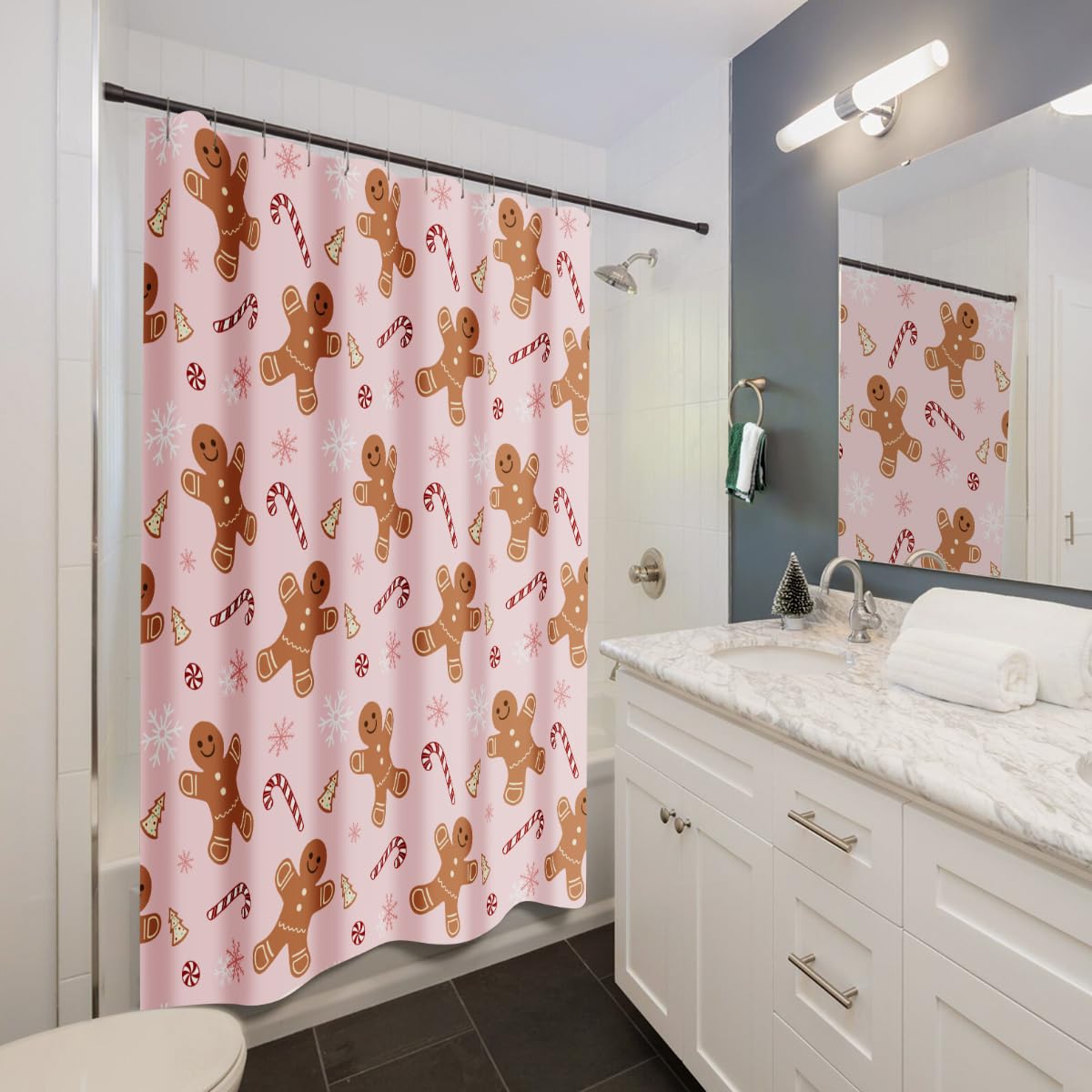 Pink Cute Gingerbread Man Christmas Shower Curtain Set with Hooks - Winter Holiday Bathroom Decor for Home, Merry Christmas Fabric Shower Curtain - Perfect for Bathroom Decorations, Indoor Holiday Party & Festive Home Styling