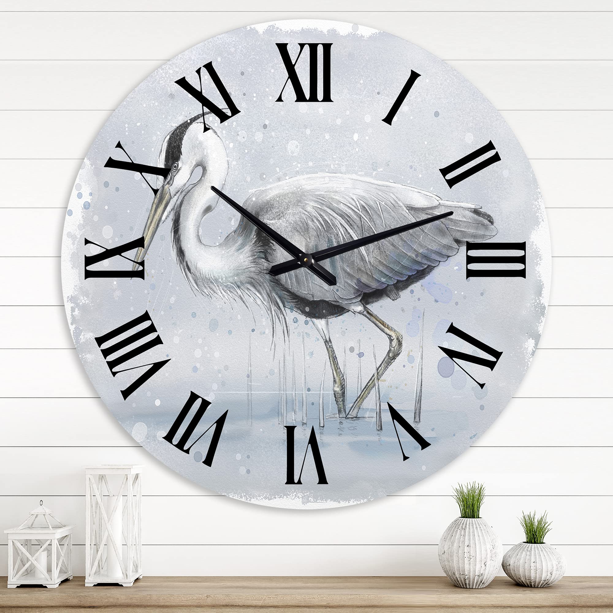 Farmhouse Wall Clock 'Grey Heron Bird' - Large Rustic Home Decor Clock with Animal Design - Perfect for Living Room, Bedroom & Kitchen Wall Decor