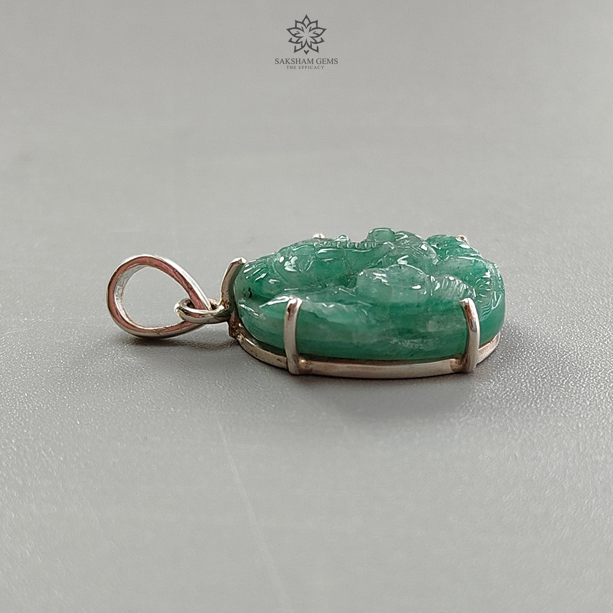 Natural Untreated Green Emerald Ganesha Pendant - 4.58gm 925 Sterling Silver Prong Set (1.25 Inch) | Spiritual Jewelry for Meditation, Yoga & Hindu Festivals