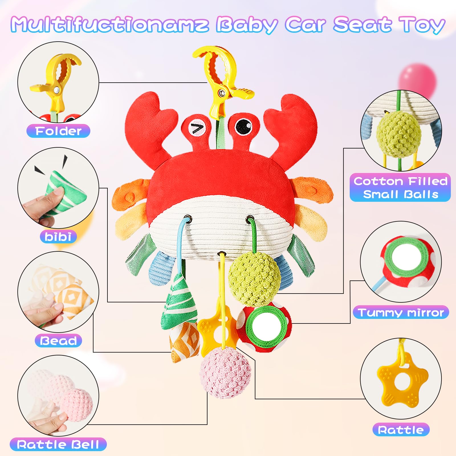 Best Baby Car Seat Toys for 0-6 Months - Soft Crab Stroller Toy with Clamp, Mirror, Rattle & Crinkle Sounds - Perfect Newborn Developmental Toys for 3-6 Months - Ideal Gift for Infants 0+ (Great for Strollers, Car Seats & Playtime)