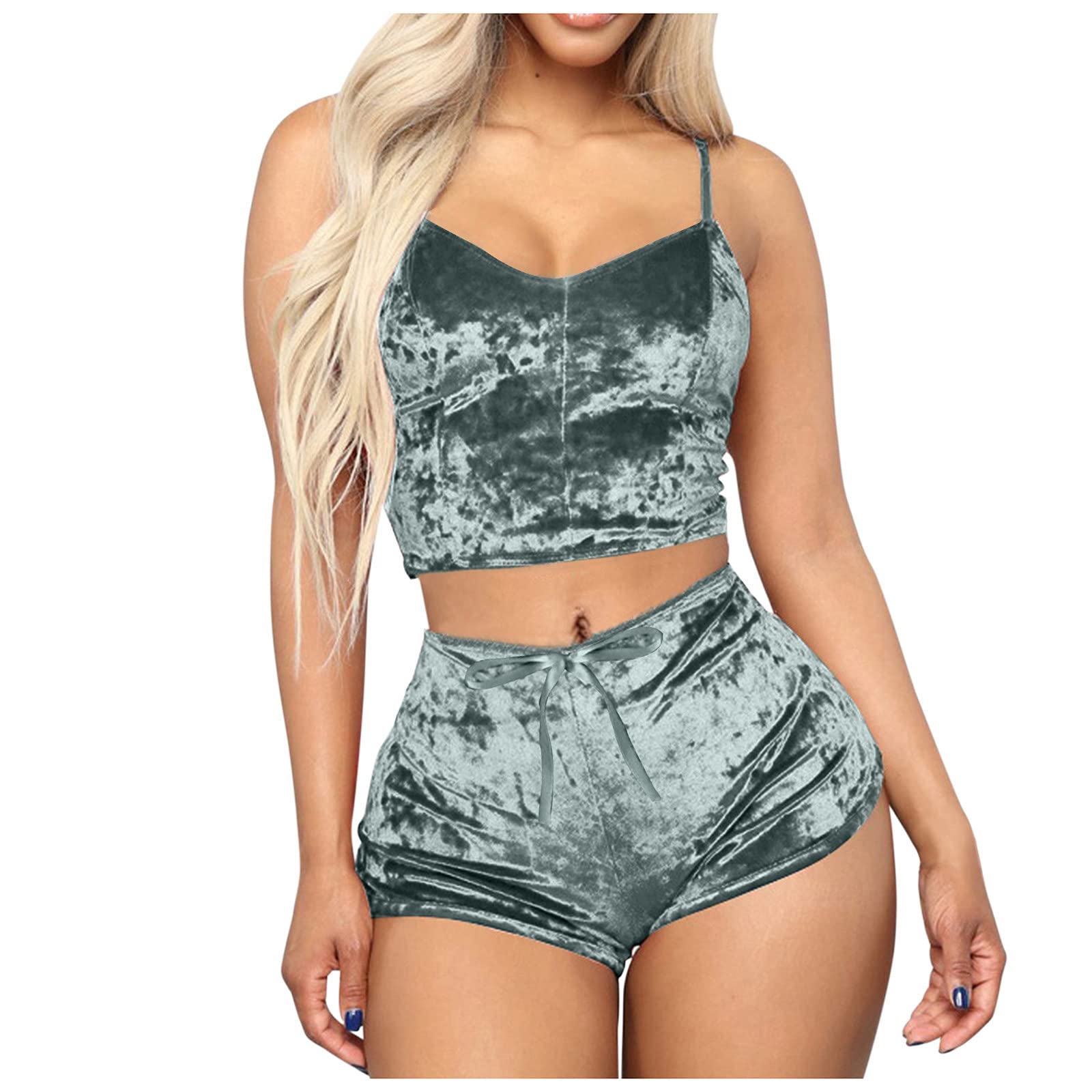 Sexy Women's Velvet Romper Set - Sleeveless Crop Top + 2 Shorts Outfit | Fleece Pajama Suits for Lounge, Sleep & Home Comfort | Camisole Sleepwear for Women