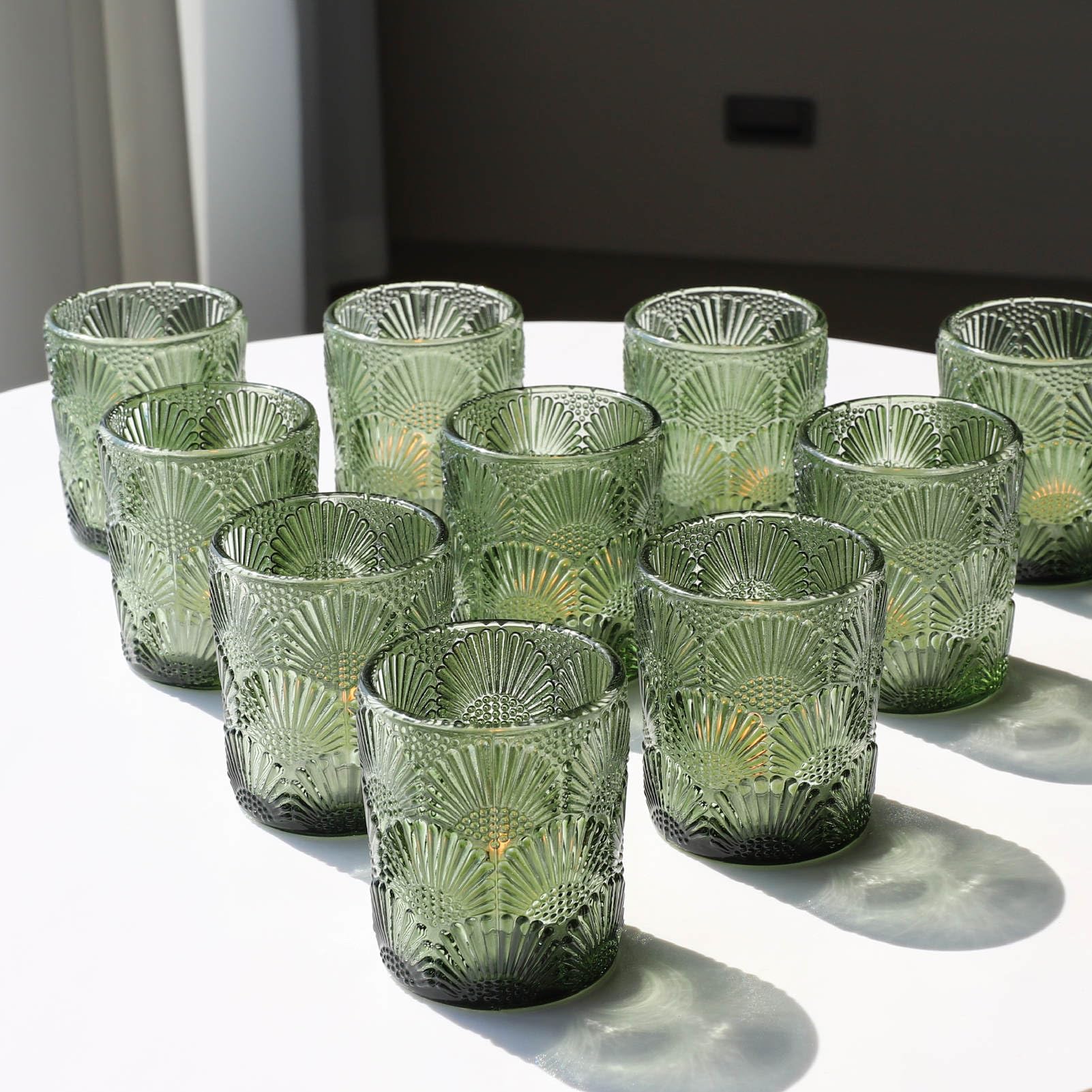 Woho Set of 12 Green Glass Votive Candle Holders - Tealight Candle Holders for Wedding Centerpieces, Fall Decor, Thanksgiving & Christmas Table Decorations - Perfect for Romantic Dinners, Holiday Parties & Home Ambiance