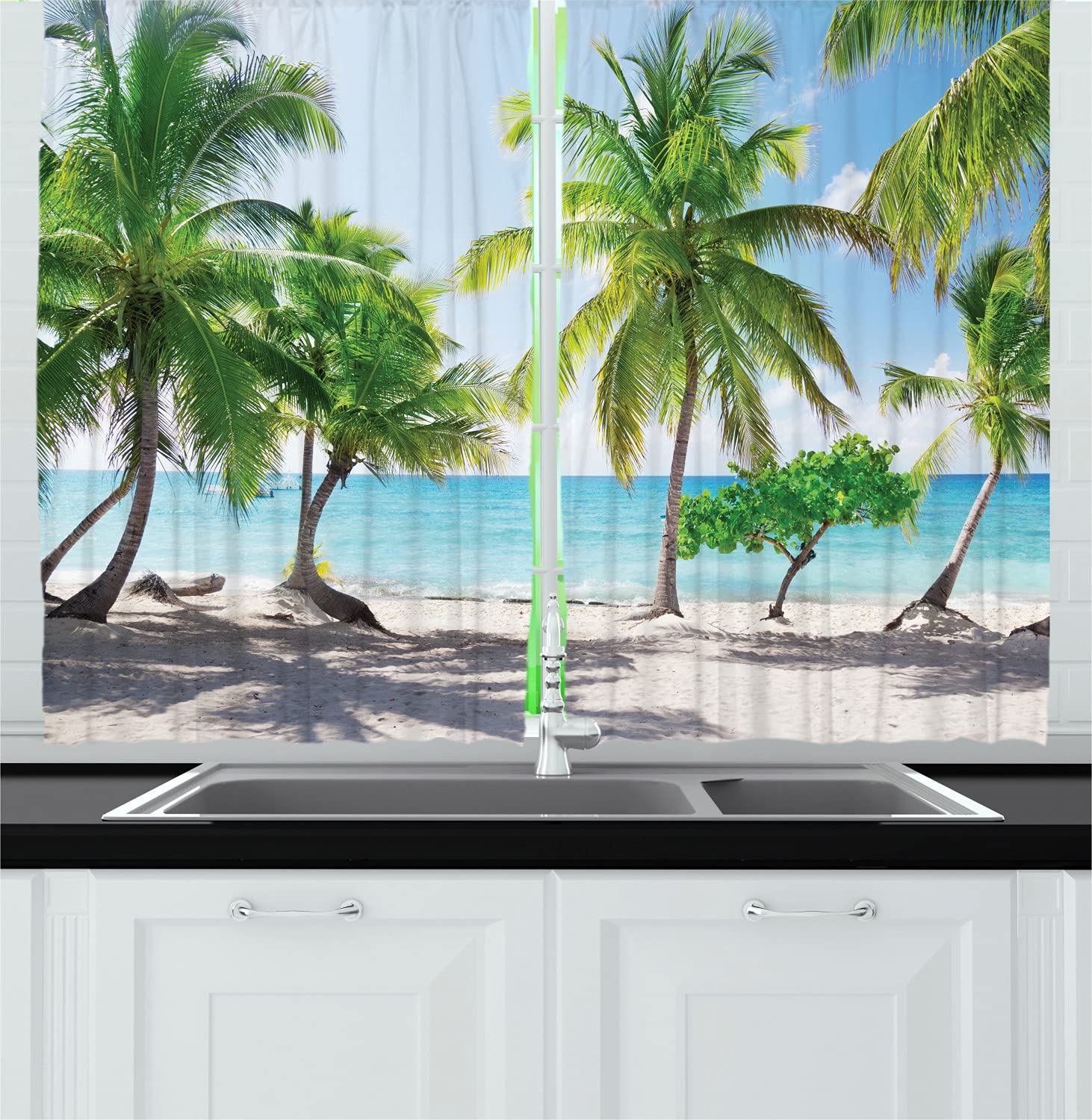 Ambesonne Coastal Kitchen Curtains - 2 Panel Set with Palm Leaves & Catalina Island Seascape Design, 55