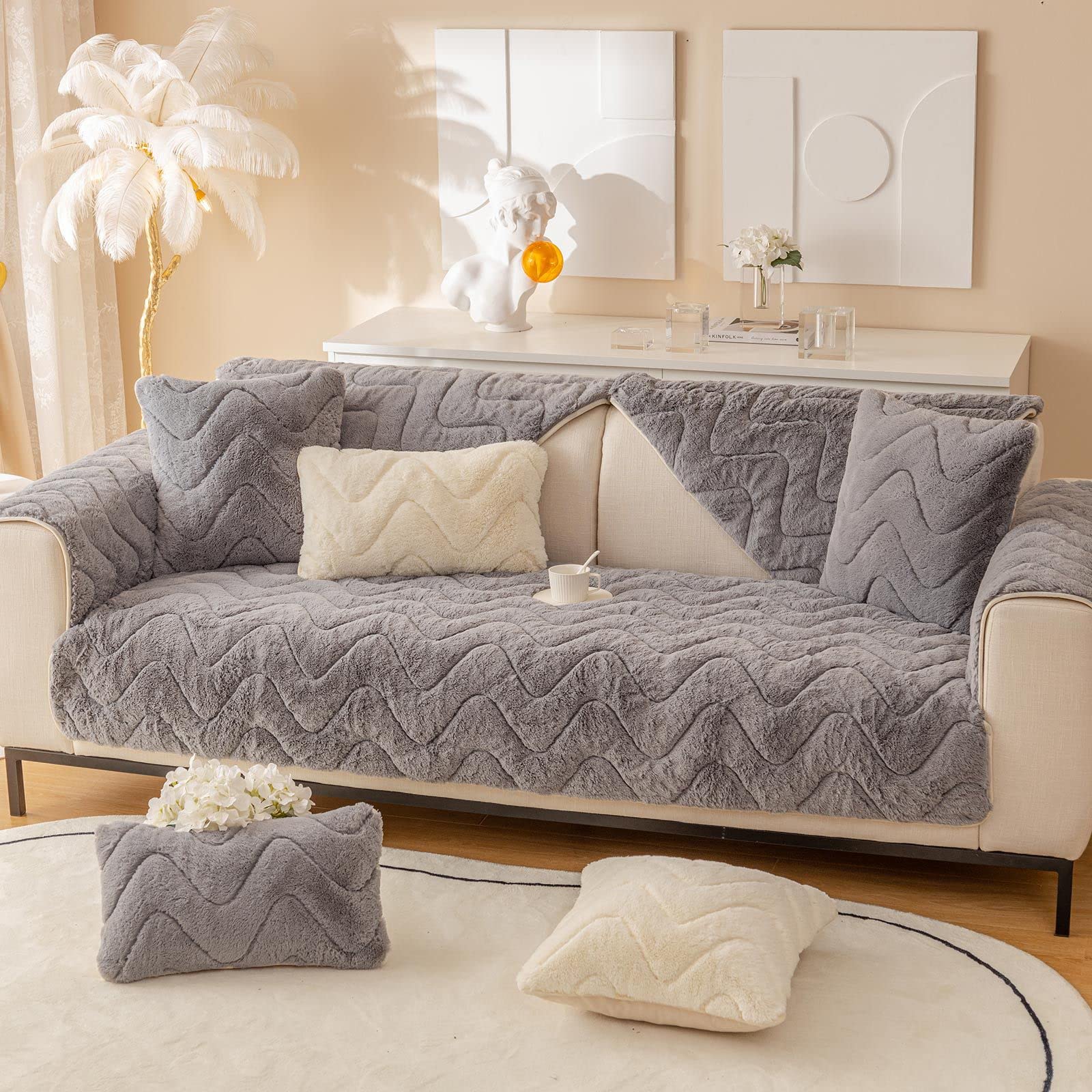 Premium Plush Sofa Cover - Soft Shaggy Sectional Slipcover, Non-Slip Furniture Protector for L-Shaped Couch, Loveseat & Recliner - Grey (43x83 Inches) - Perfect for Living Room, Family Room & Home Theater Comfort