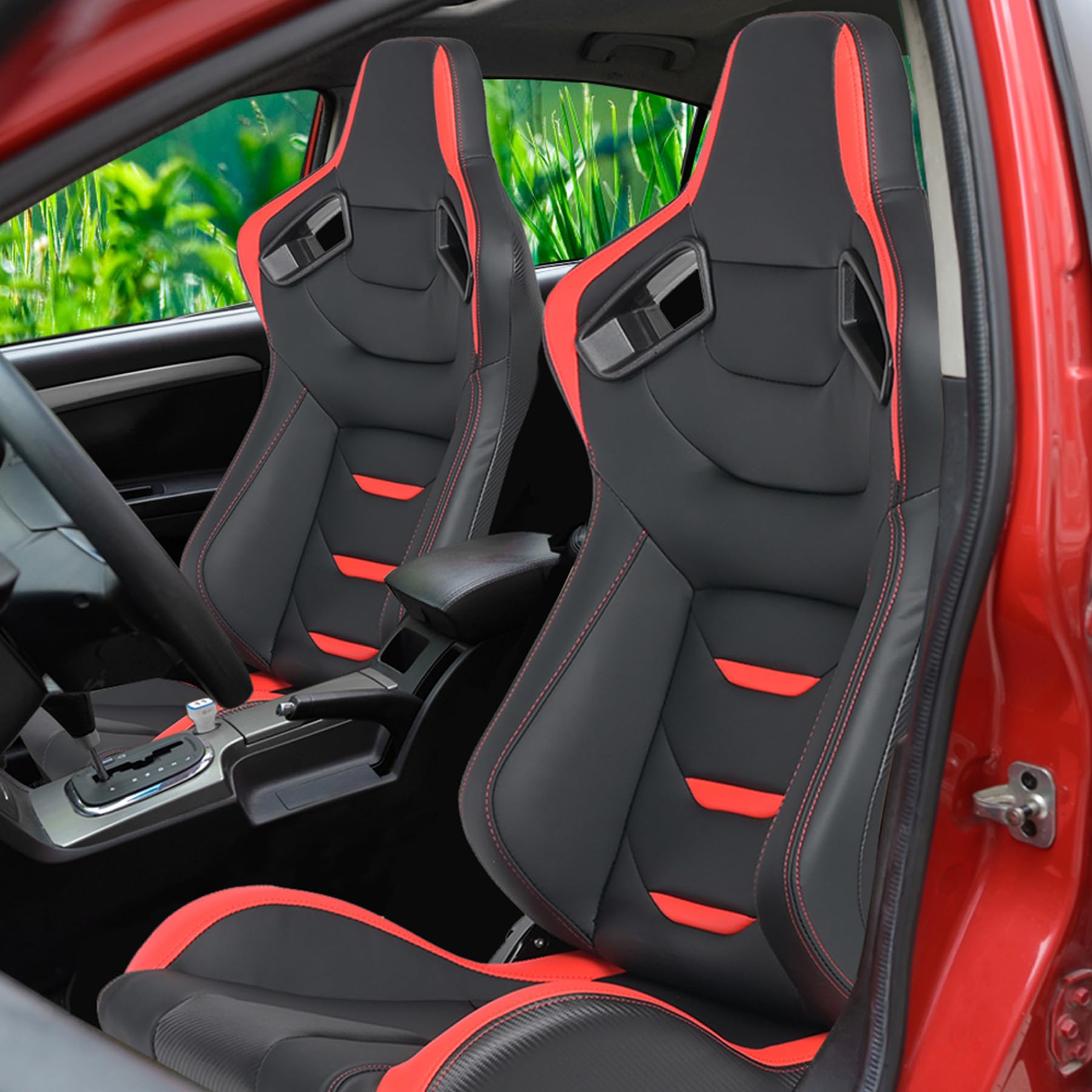 2 Pack Universal Racing Bucket Seats with Dual Lock Sliders - Adjustable PVC Leather Car Seats for Sports Cars & Drifting (Black & Red) - Perfect for Racing Enthusiasts & Car Modifications