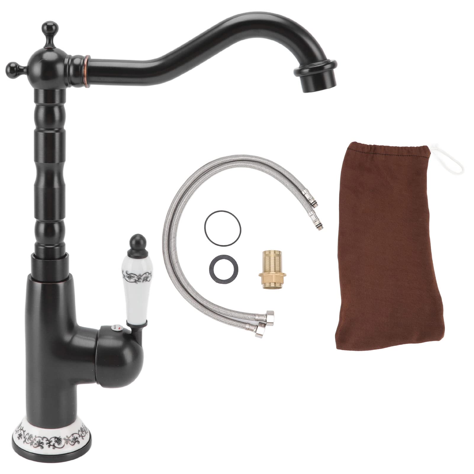 Antique Brass Kitchen Faucet - Gold All Copper European Style Vintage Hot & Cold Water Mixer with 360° Swivel Spout for Bathroom & Kitchen Sink (Black) - Perfect for Farmhouse, Victorian, and Retro Home Decor