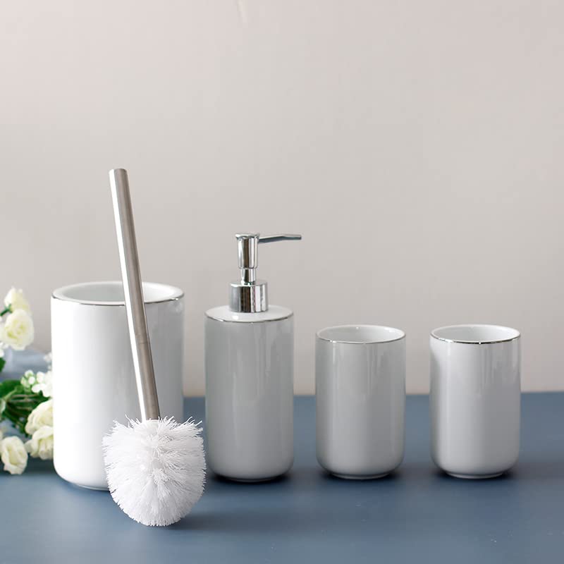 Modern White Ceramic Bathroom Set - 5-Piece Vanity Accessories (Toothbrush Holder, Cup, Lotion Bottle, Toilet Brush & Holder) for Stylish & Organized Bathroom Decor | Perfect for Home, Hotel, Spa & Guest Bathrooms