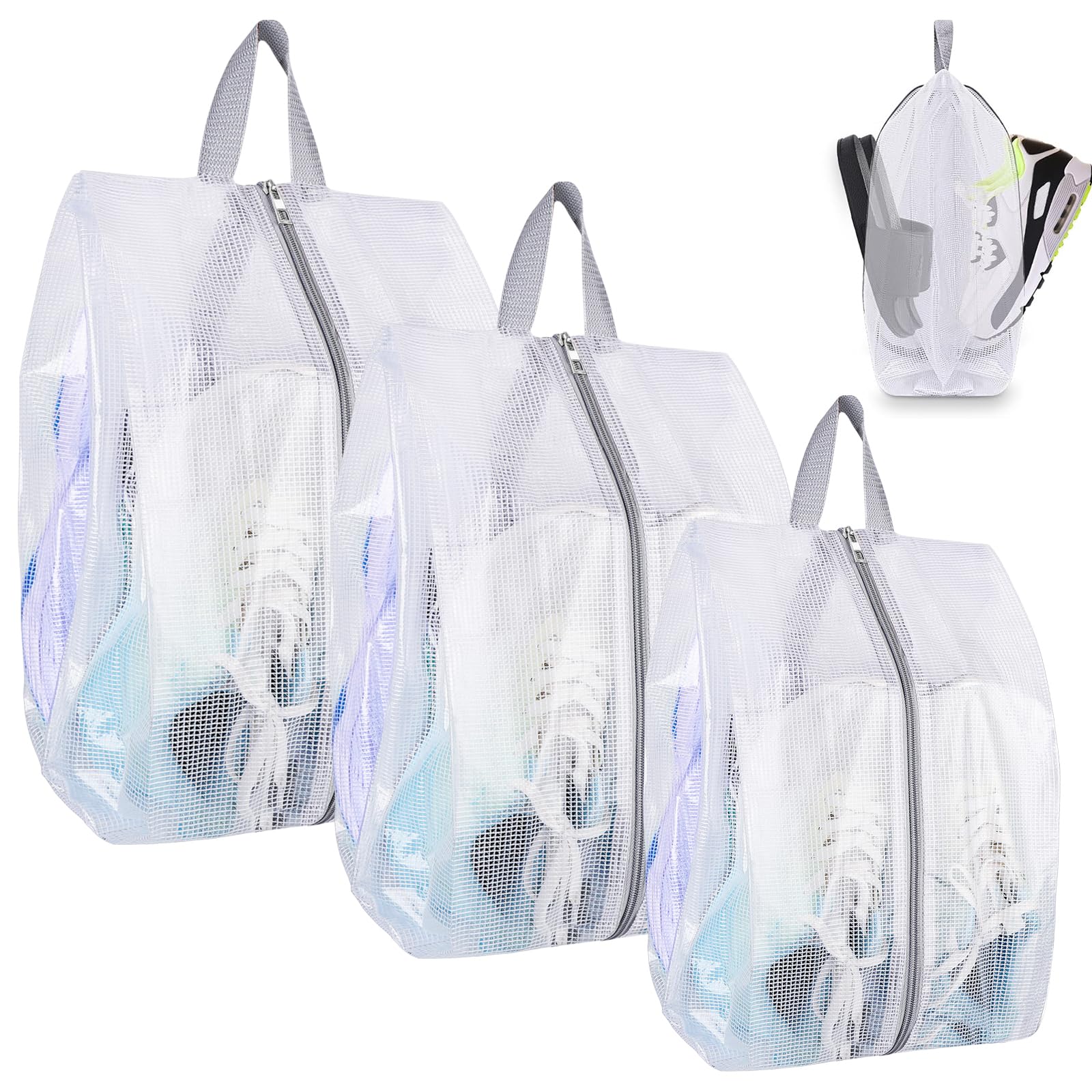SelfTek 3-Pack Waterproof Shoe Bags for Travel - Double-Sided Zipper Shoe Storage Pouch with Handle for Men, Women & Kids (3 Sizes) - Perfect for Family Vacations, Gym, Sports & Airplane Carry-On Luggage