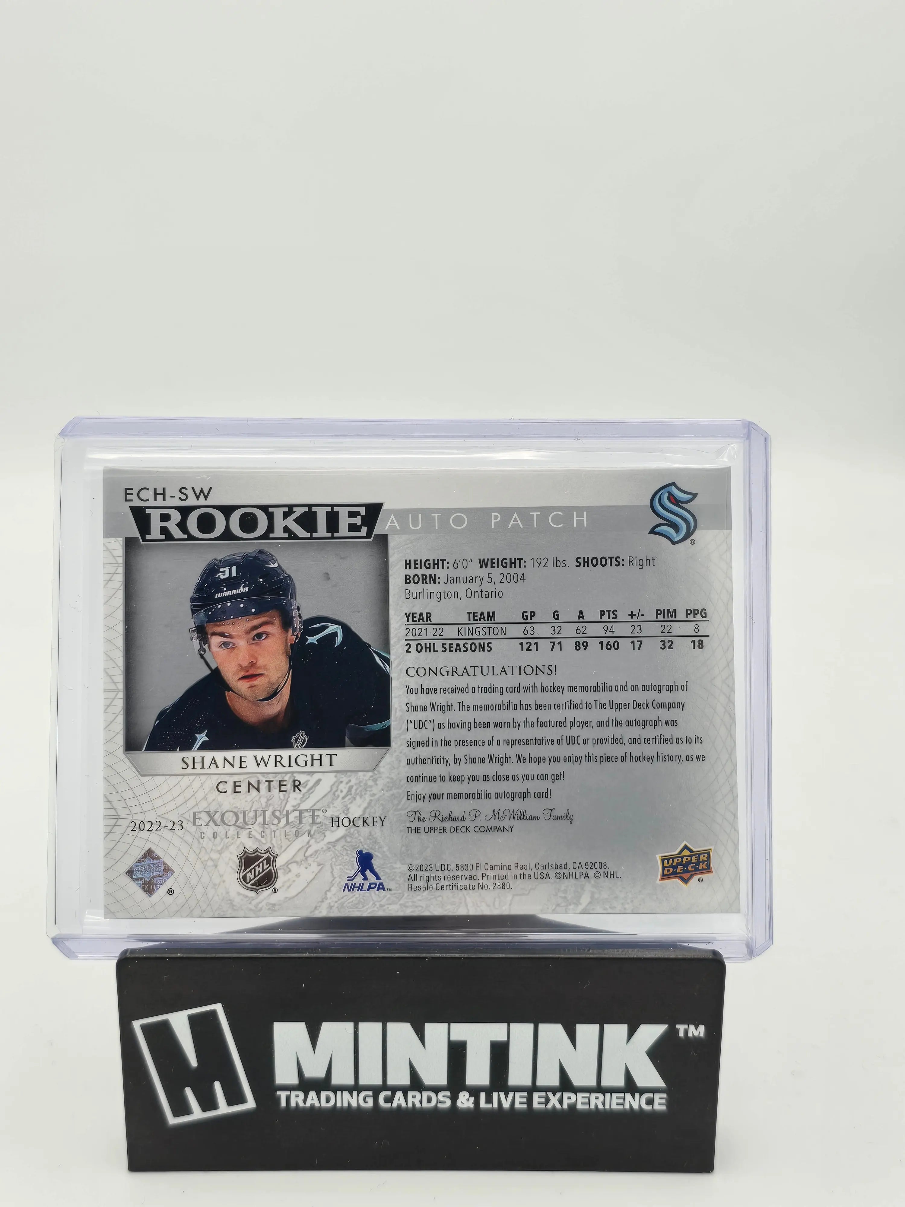 2022-23 Upper Deck Exquisite Shane Wright Rookie Patch Autograph Card /25 - NHL Hockey Collectible for Fans & Investors
