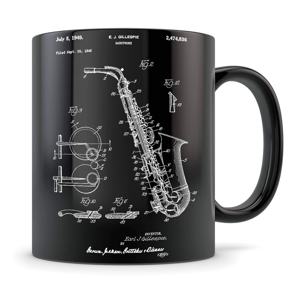 Premium Saxophone Coffee Mug - Unique Saxophone Patent Design Gift for Musicians, Music Teachers & Jazz Lovers - Perfect Sax-Themed Gift for Men & Women - Ideal for Coffee Breaks, Music Studio Decor & Jazz Party Favors