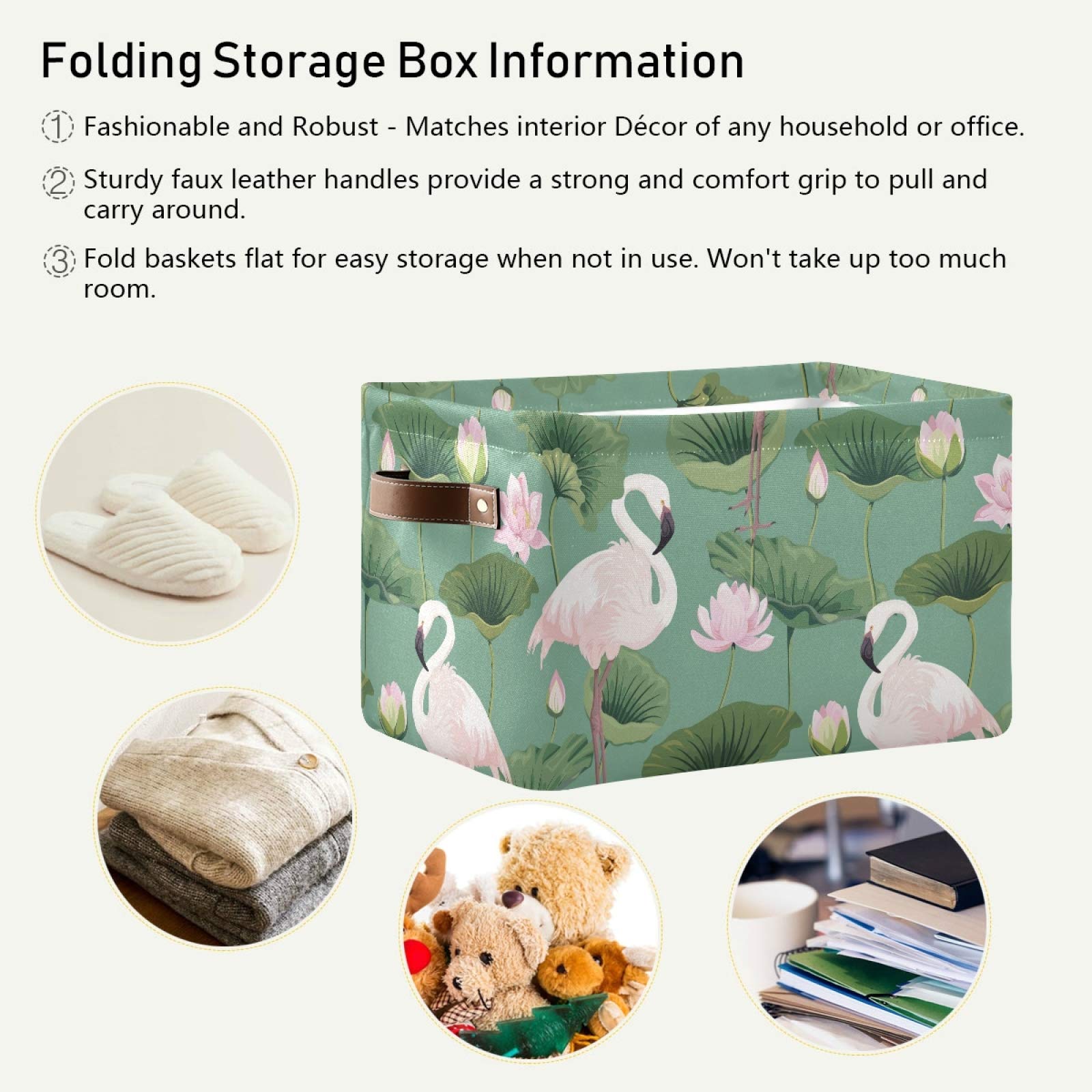Susiyo Large Foldable Storage Bin - Pink Flamingo Lotus Fabric Collapsible Basket with PU Handles for Home Organization (1-Pack) | Perfect for Shelves, Closet, Bedroom & Living Room Storage