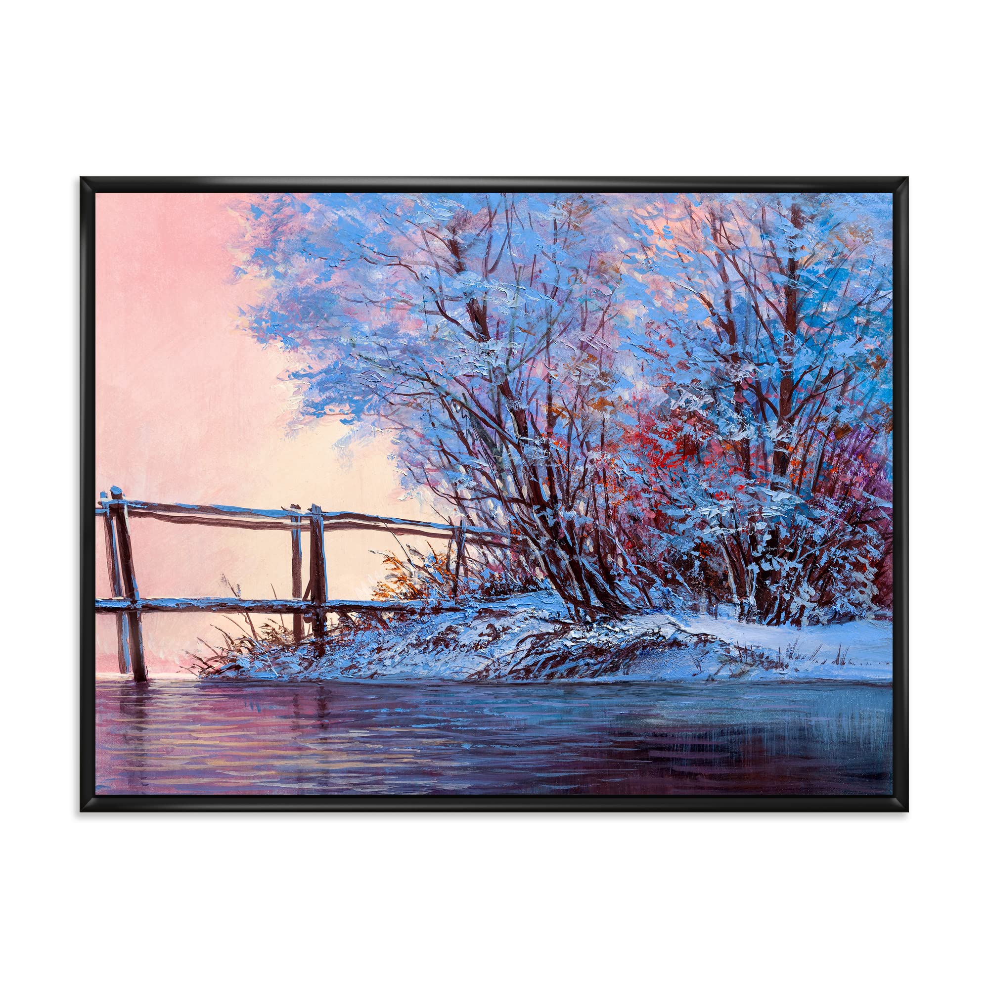 DesignQ Winter Scenery Framed Canvas Wall Art - Snowy Bridge Over Meandering River Landscape Painting for Lake House Decor | Perfect for Living Room, Bedroom & Office Wall Decor
