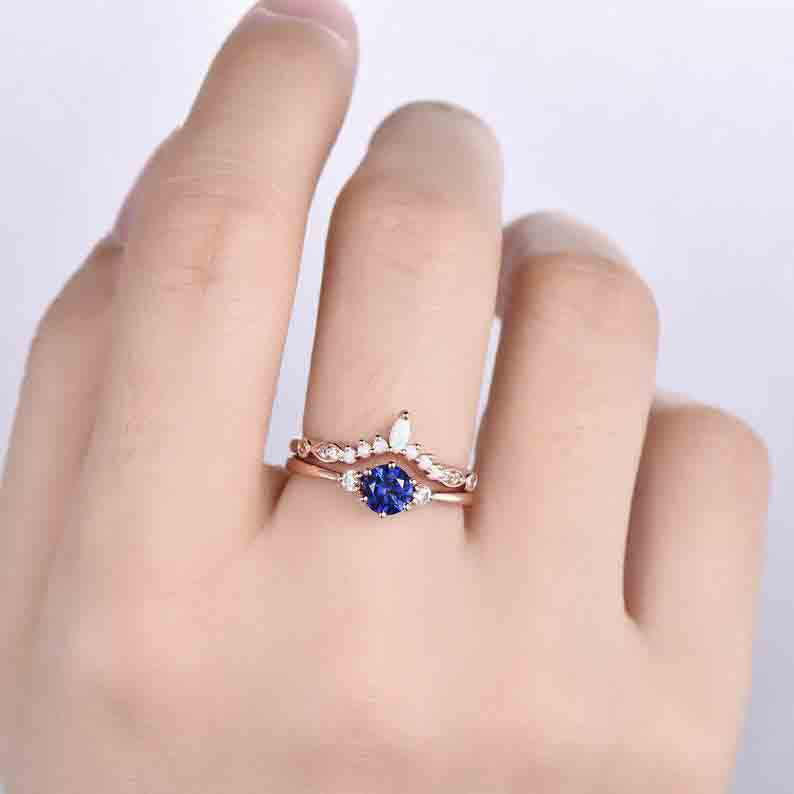 Sapphire Selene Diamond Ring & Opal Stackable Band Set – 2-Piece Wedding & Anniversary Jewelry for Women | Perfect for Bridal, Engagement, and Special Occasions