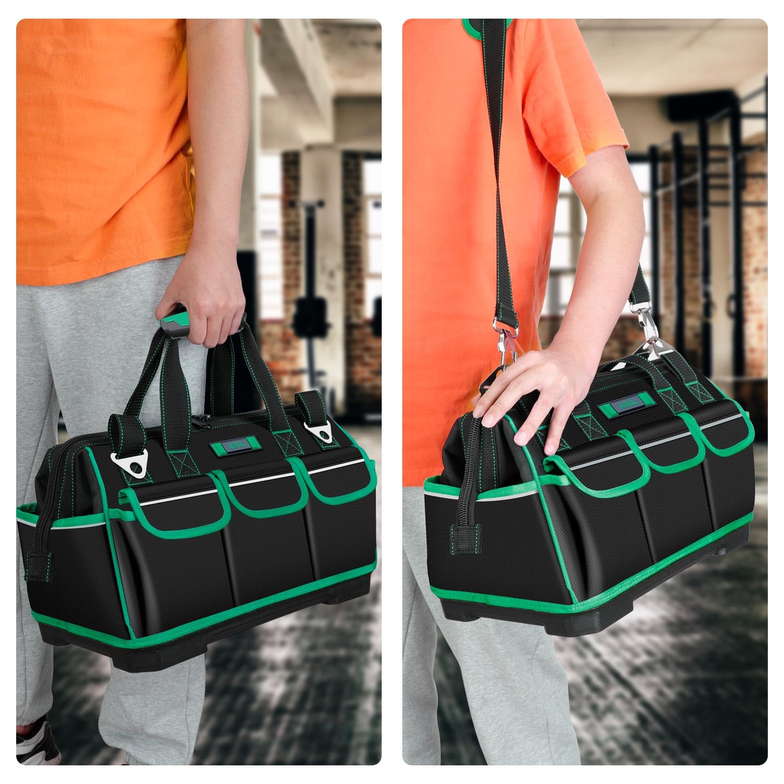 AIRAJ 16-Inch Heavy Duty Tool Bag with Reflective Strips - Wide Mouth Design with 15 Pockets, Adjustable Shoulder Strap - Durable Craftsman Tool Organizer for Electricians, Plumbers & DIY Enthusiasts - Perfect for Job Sites, Home Repairs & Workshop Organization