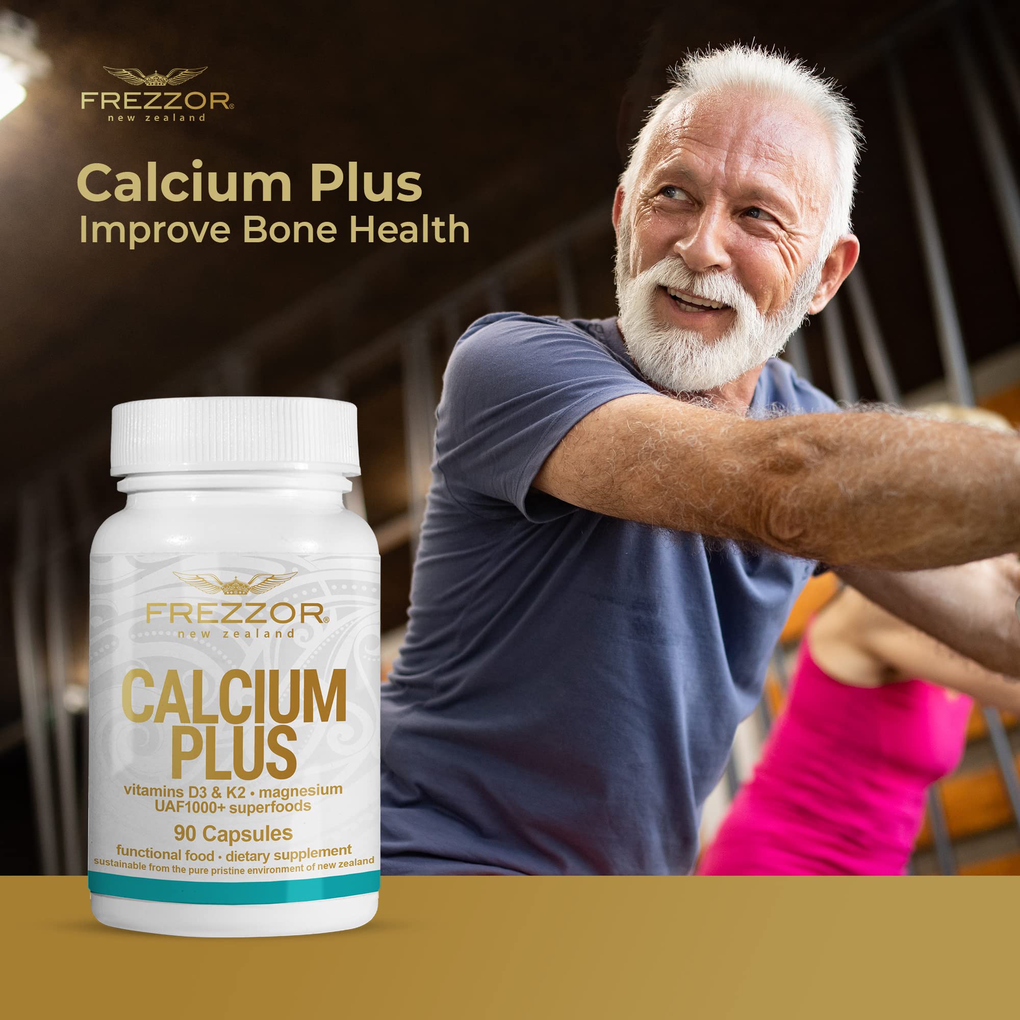 FREZZOR Calcium Plus with UAF1000+ | New Zealand Natural Raw Calcium Supplement for Bone Strength, Teeth Health & Cardiovascular Support | Contains Phosphorus, Magnesium, Collagen & Selenium | 90 Capsules per Bottle | Ideal for Daily Wellness, Active Lifestyles & Senior Health Support