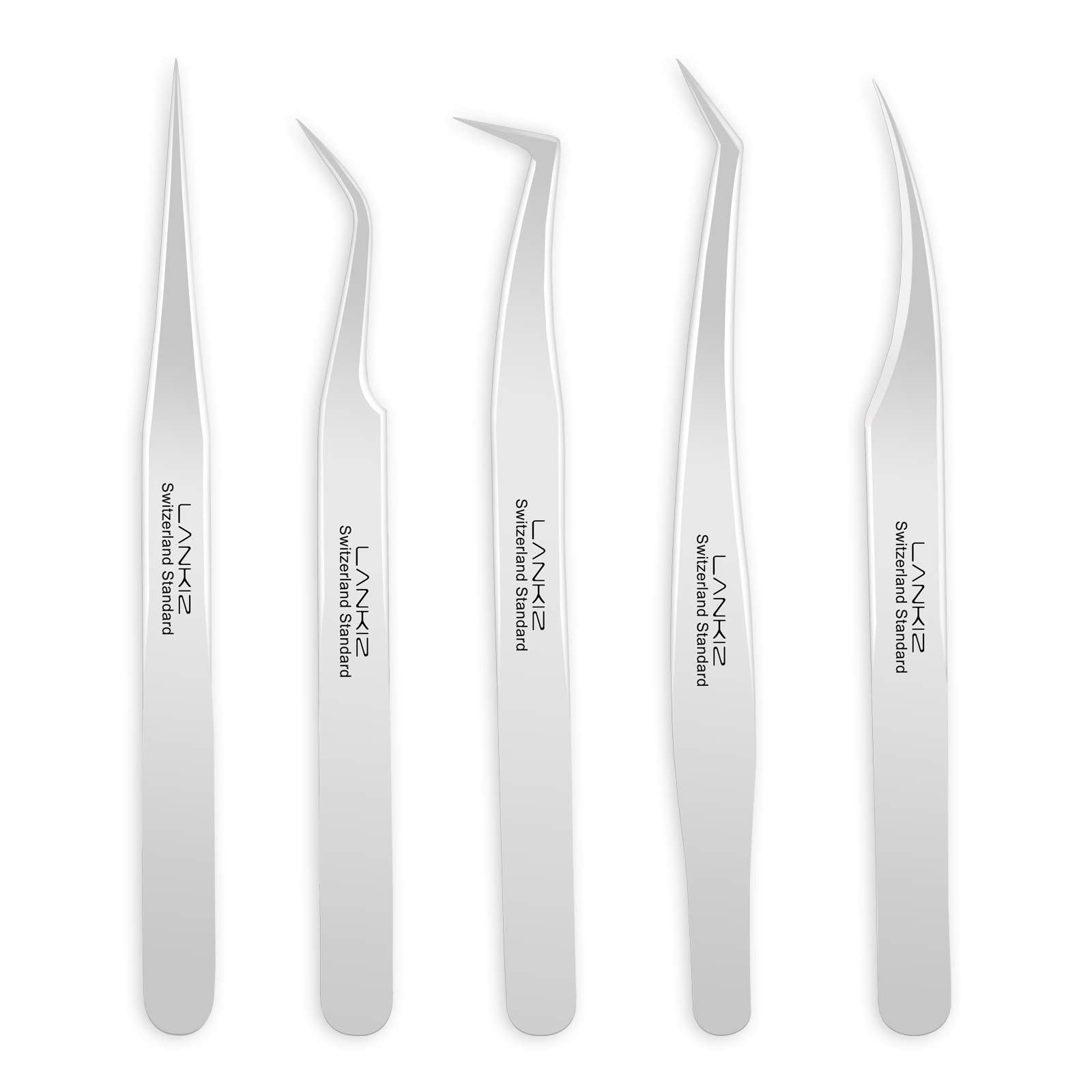 Professional 5-Piece Eyelash Extension Tweezers Set - Stainless Steel Straight & Curved Tips for Volume Lashes - Isolation & Fanning Applicator Tools (Silver) - Perfect for Salon Professionals & DIY Lash Artists at Home