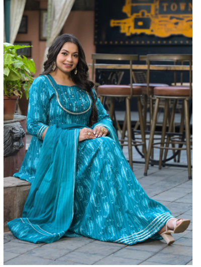 **Elegant Plus Size Anarkali Turquoise Kurti Dupatta Set of 2 - Stylish Indian Ethnic Wear for Women - Perfect for Weddings, Parties & Festive Occasions**