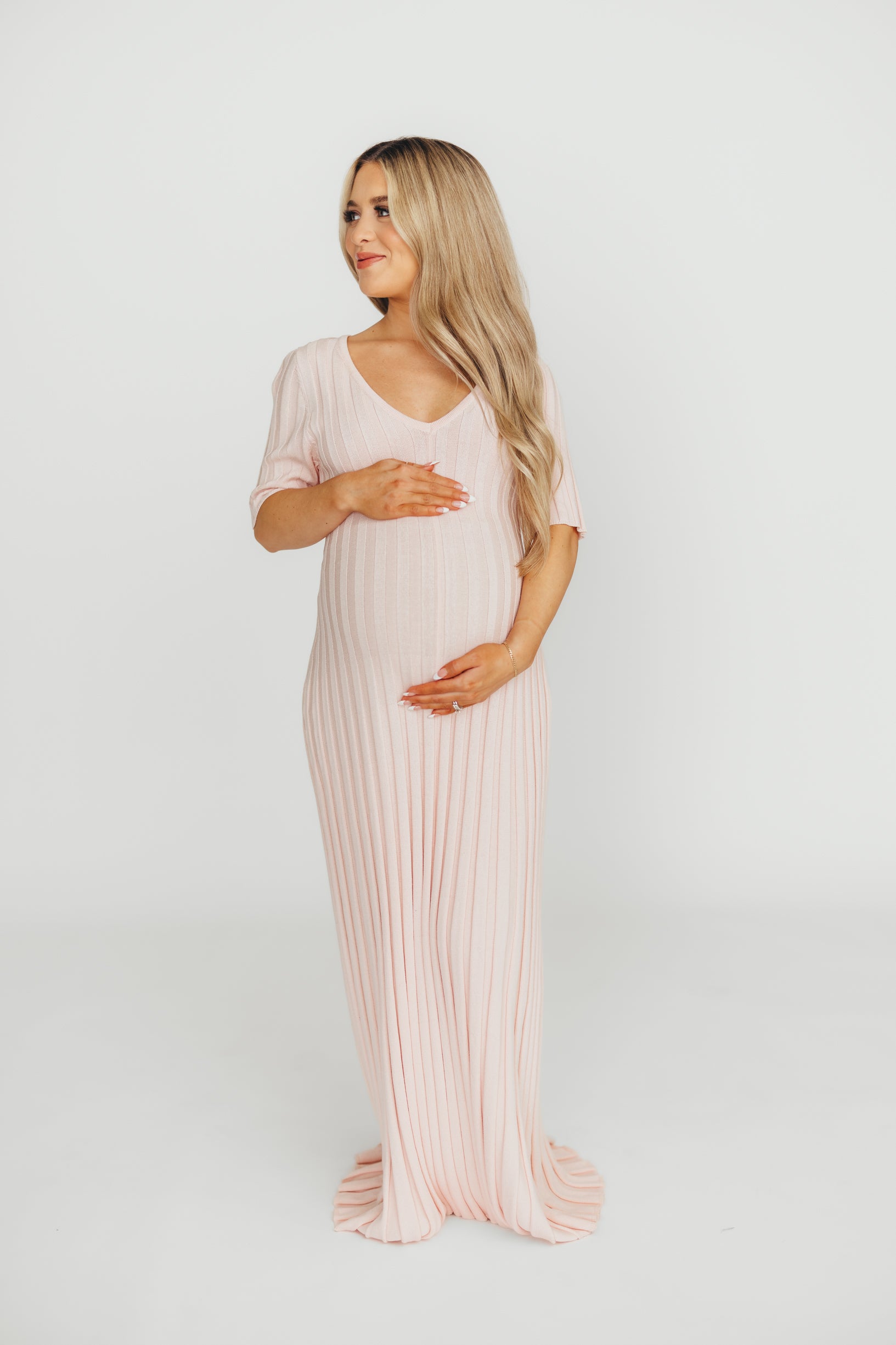 Oakley Ribbed Maxi Dress in Light Pink - Bump Friendly Maternity Dress for Women, Comfortable Stretchy Pregnancy Dress for Everyday Wear, Perfect for Baby Showers & Maternity Photos
