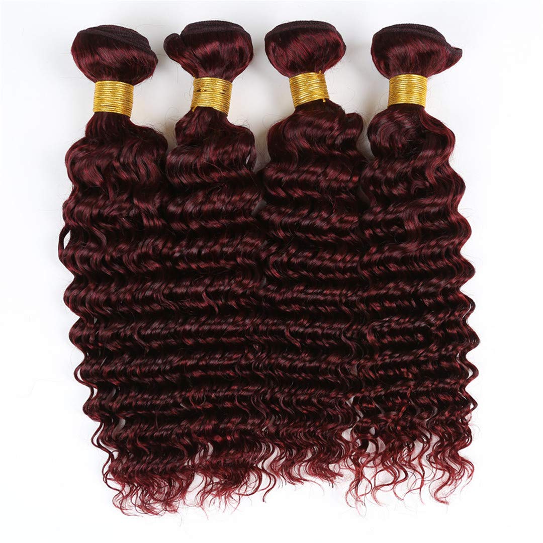 Burgundy Deep Wave Brazilian Virgin Human Hair Weft #99J - 14 16 18 Inch Deep Curly Hair Bundles with 4x4 Lace Closure (Wine Red, Double Weft) for Sew-in Weave, Wig Making & Styling - 100% Human Hair Extensions for Natural Look
