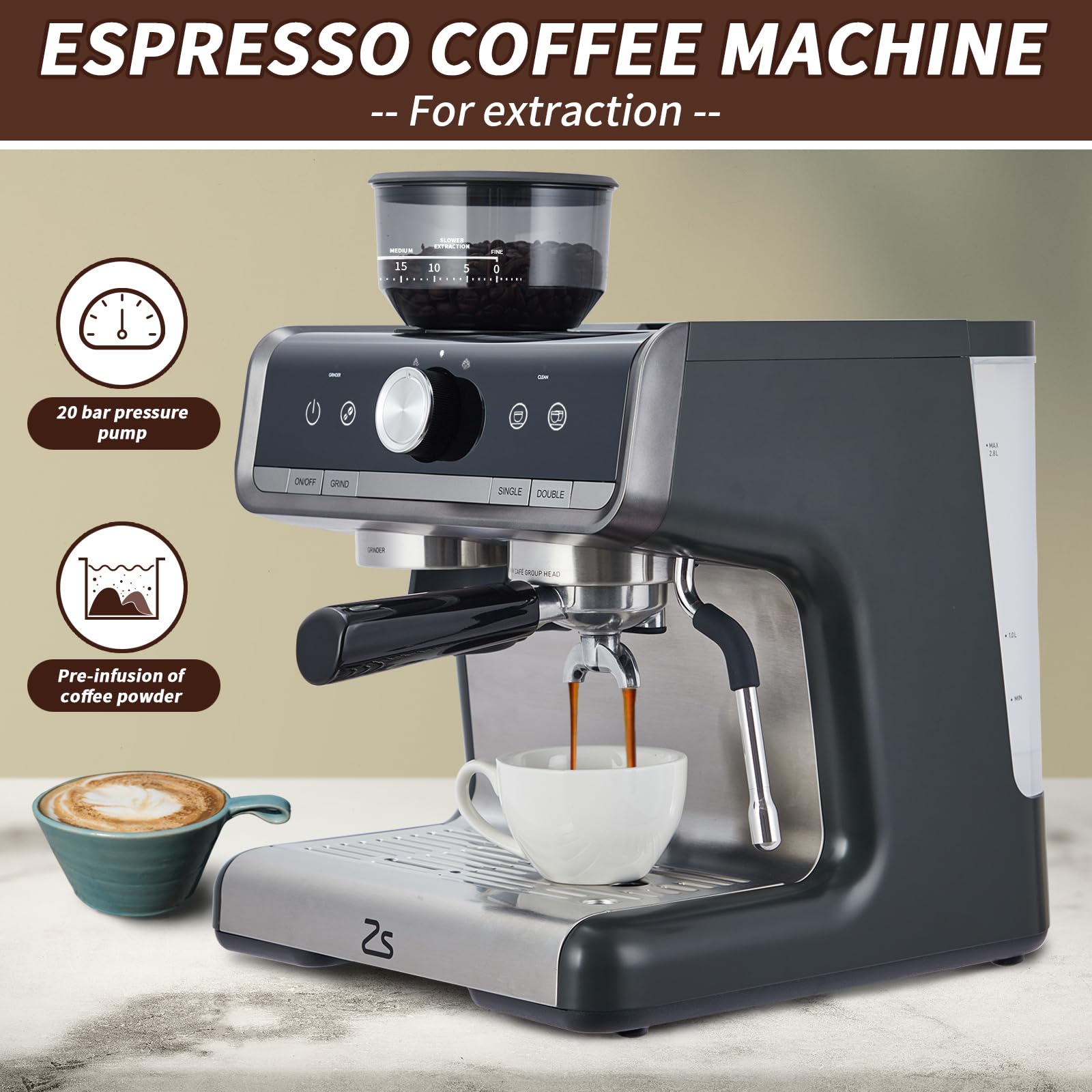 Garvee Professional Espresso Machine with Built-in Grinder & Milk Frother Steam Wand - 15 Bar Pressure Cappuccino & Latte Maker for Home Baristas - Perfect Gift for Coffee Lovers, Dad, Mom & Housewarming - Ideal for Kitchen, Office & Small Coffee Shops